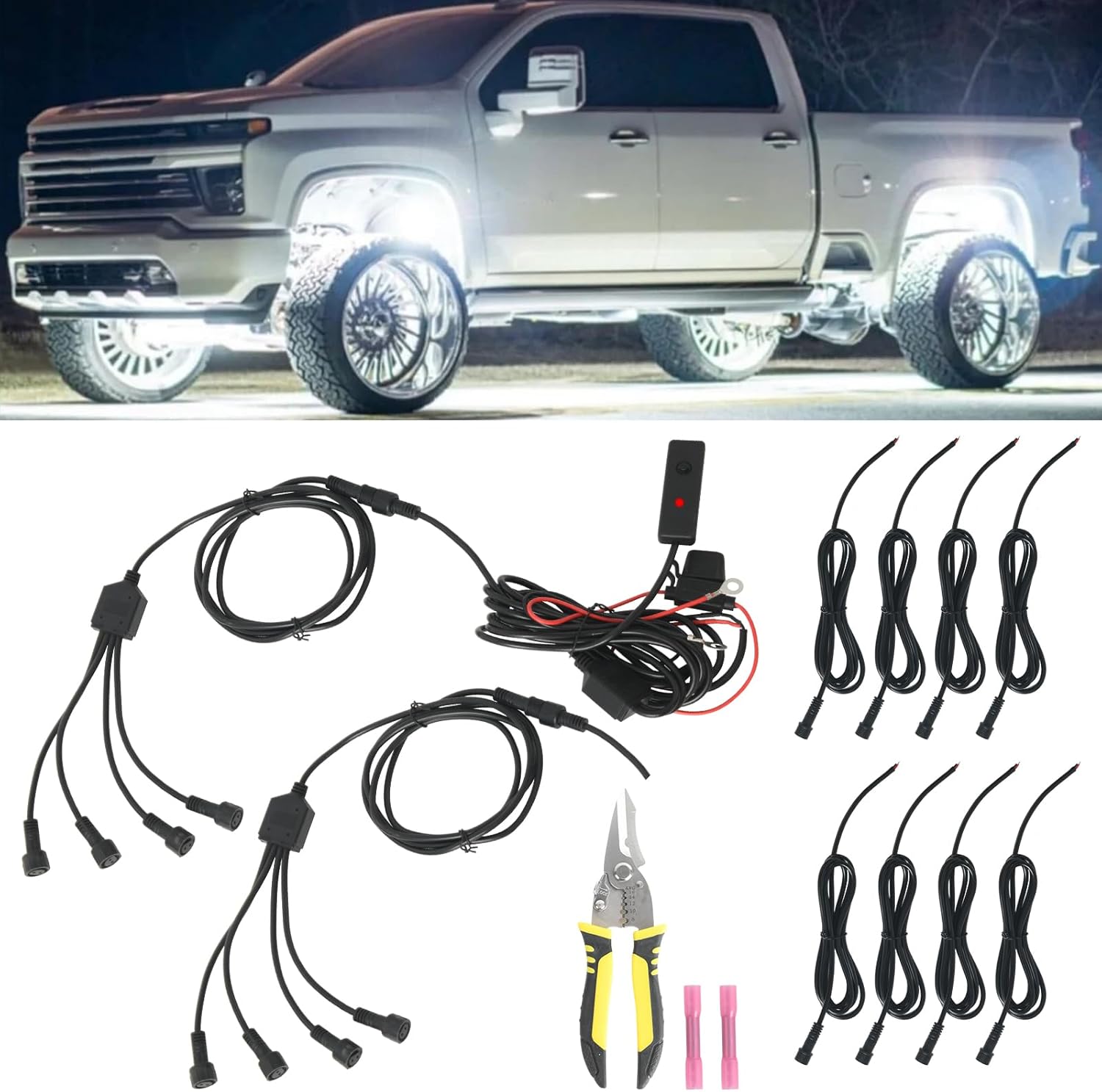 12pods Rock Lights Wiring Harness with Switch 20 AWG Waterproof Connector for Car, Off Road, UTV, ATV, Boat, Rv, Trucks, Pickup, RZR,Automotive Rock Work Light Wiring Harness