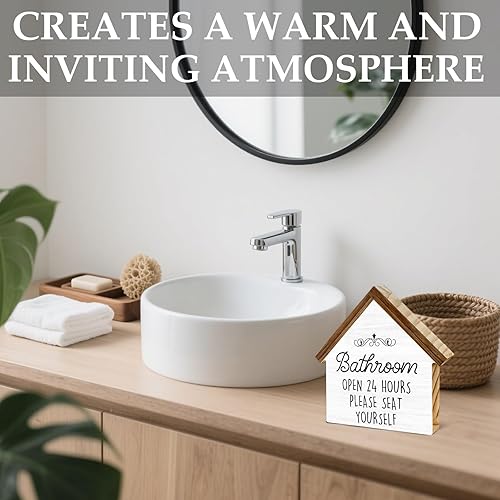 Miniatura 3 de Letrero de baño con texto en inglés "Please Seat Yourself", decoración de baño de casa rústica, bloque de madera en forma de casa para estante de