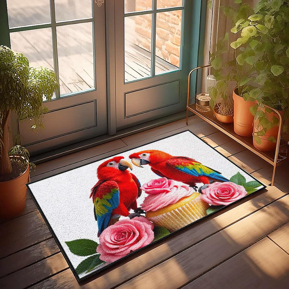 Tapis rétro perroquets roses cupcakes paillasson extérieur grand format 65 x 90 cm