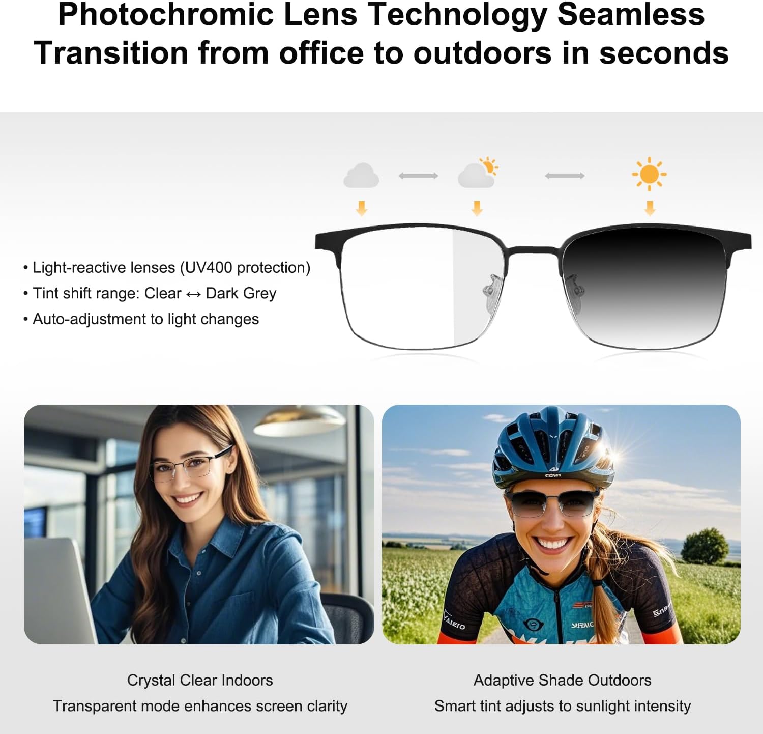Bluetooth Glasses for Men & Women, Open-Ear Sound Mic & Speakers, Color-Changing Music Glasses, Hands-Free Calls & Audio Polarized Sunglasses, Smart Glasses for Working/Driving/Sports(Silver)