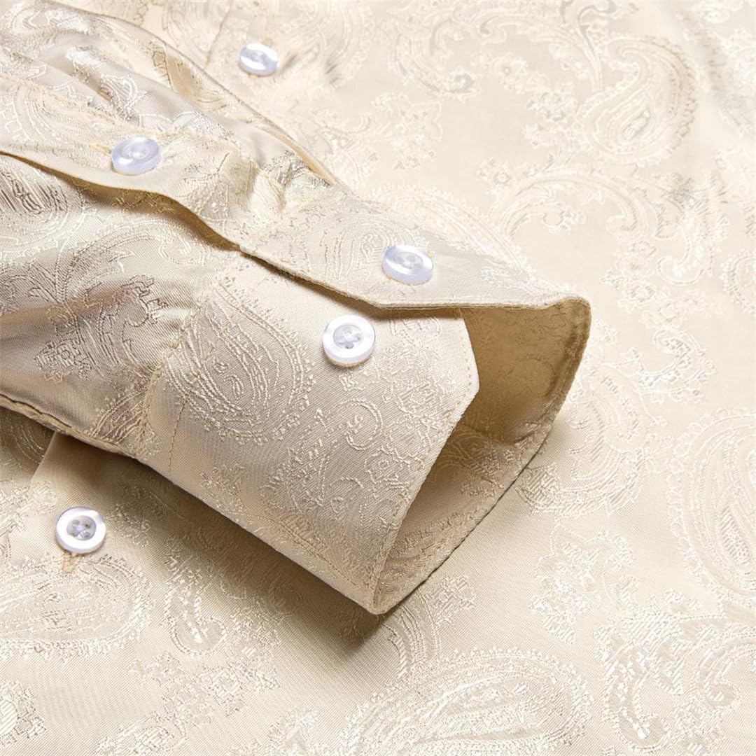 Men's Paisley Silk Shirt Long Sleeve Casual Shirts Jacquard Business Party Wedding Dress Shirts