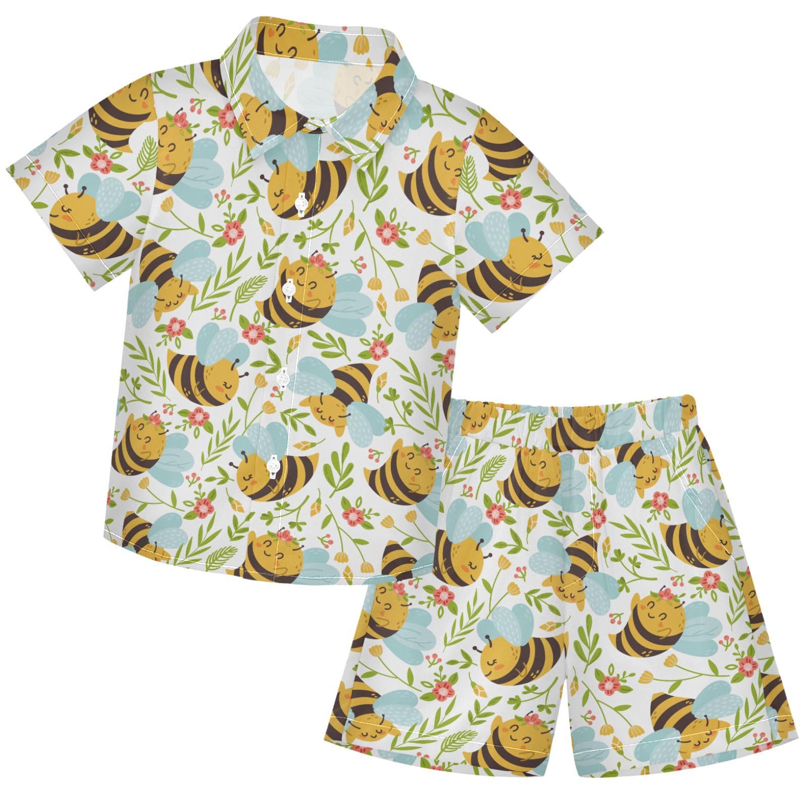 visesunny Toddler Boys 2 Piece Outfit Button Down Shirt and Short Sets Honey Bee Kids Seamless Pattern Cute Bumble Bee Boy Summer Outfits for Infant Baby Children Kids 3T