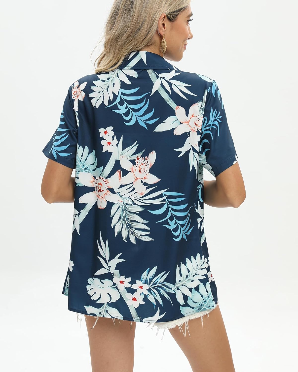 Womens Hawaiian Shirts Soft Cool Floral Print T-Shirt V Neck Short Sleeve Tropical Button Up Tops - Image 4