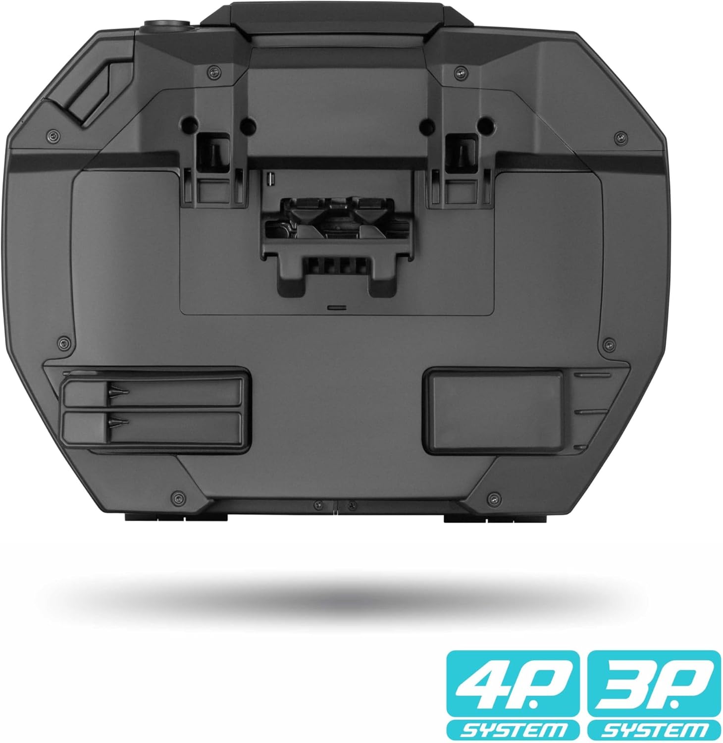 Underside view of SHAD SH38X side case showing mounting points for 3P or 4P system
