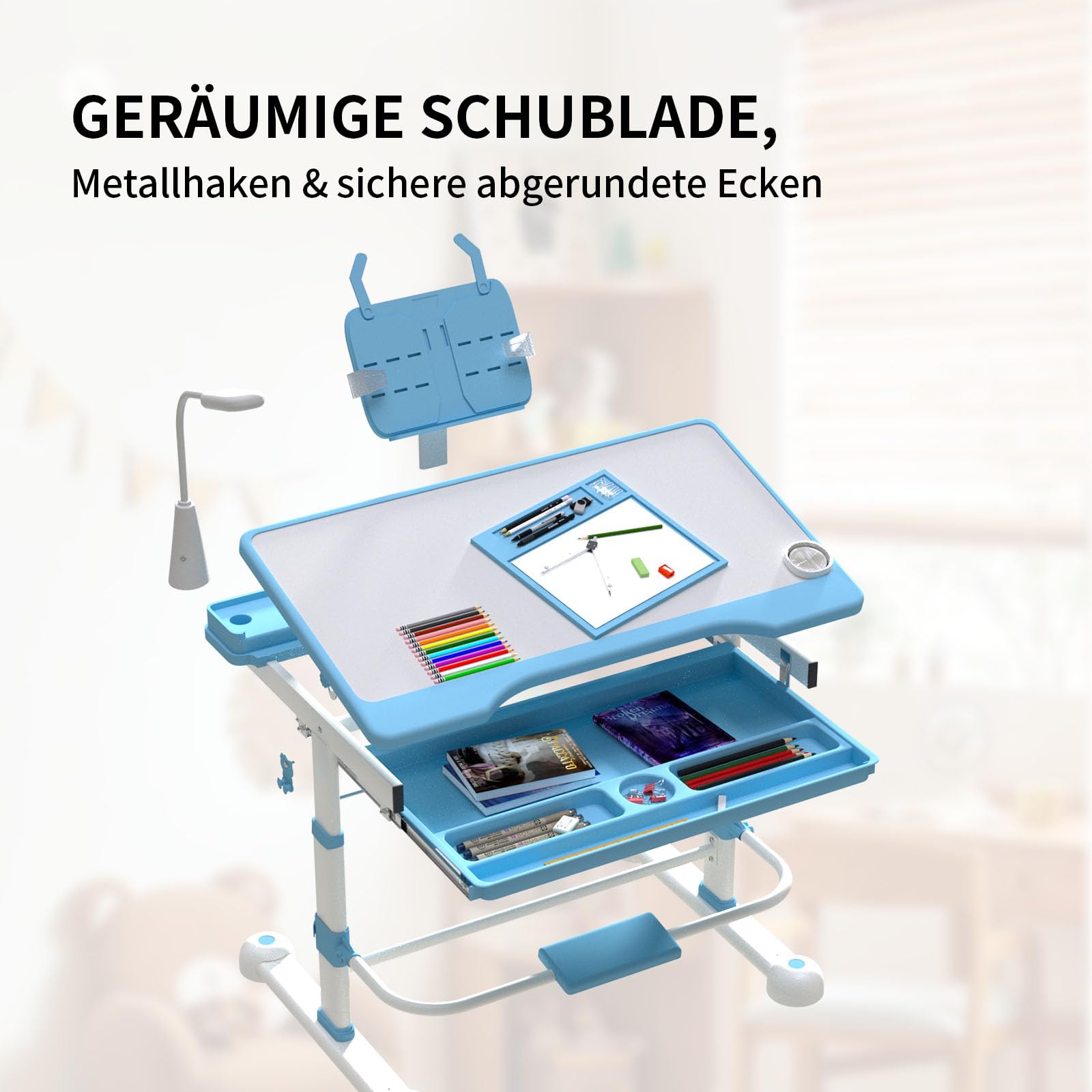 YLGJ&TIDY Schreibtisch Kinder, Kinderschreibtisch und Stuhl Set, Höhenverstellbar Kinderschreibtisch für Kinder 3-12 Jahre, Mehrfunktional Kinderschreibtisch mit, Aufbewahrung, Malen & Lesen (Blau)