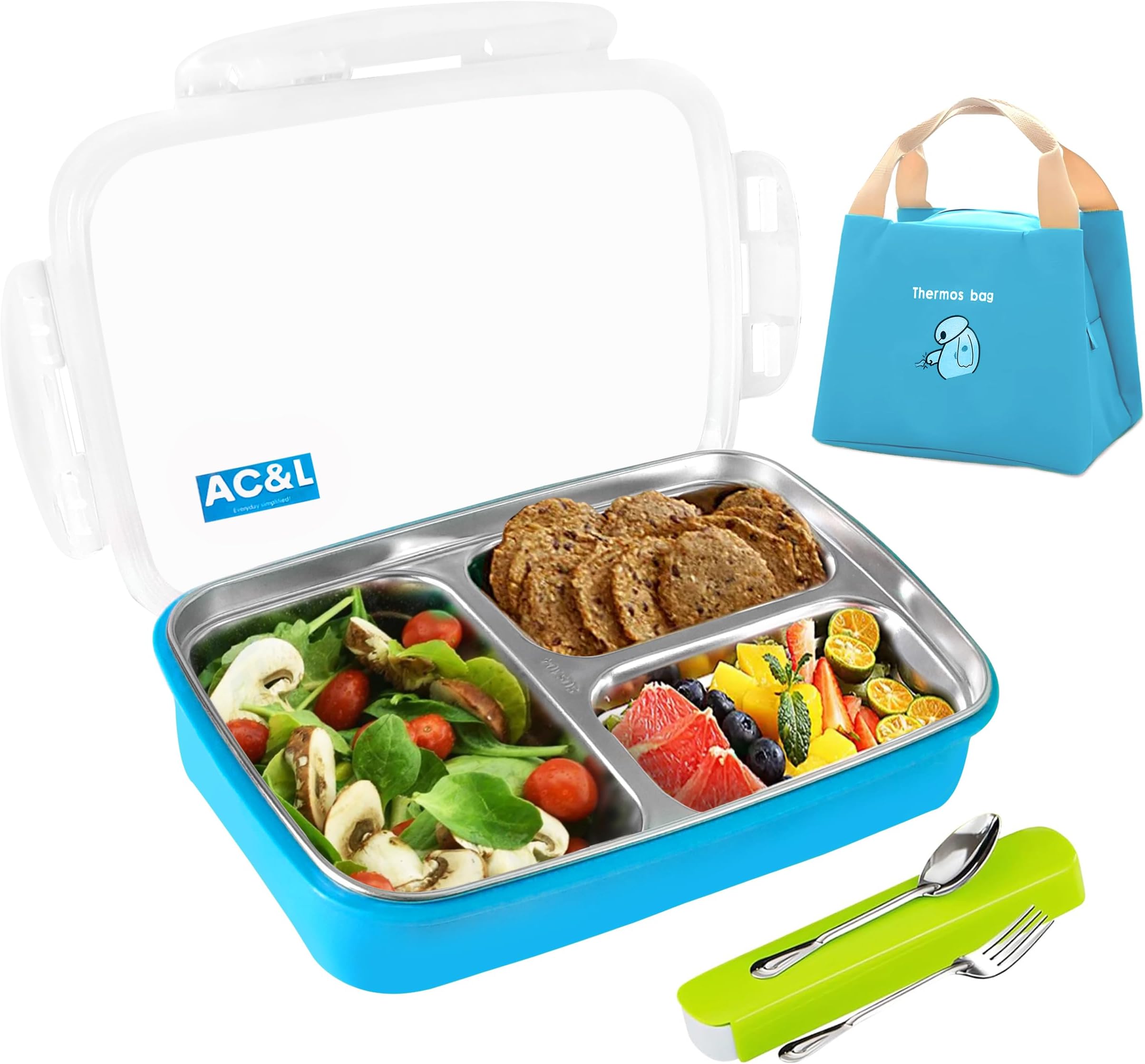 AC&L 1000ml Stainless Steel Lunch Box, Bento Box with 3 Compartment for Kids and Adults, Skid-proof Silicone with Tableware Set and Insulated Lunch Bag, Dishwasher & Microwave Safe (Blue)