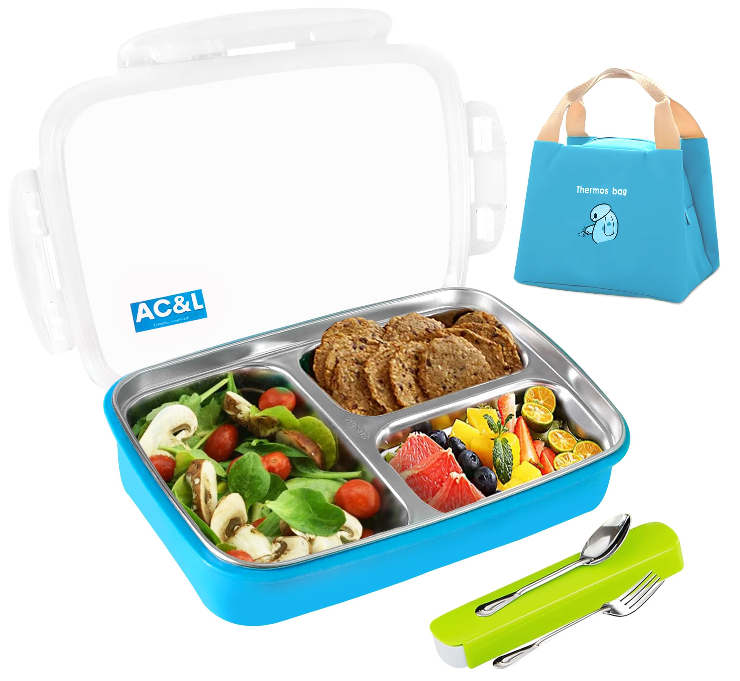 AC&L 1000ml Stainless Steel Lunch Box, Bento Box with 3 Compartment for Kids and Adults, Skid-proof Silicone with Tableware Set and Insulated Lunch Bag, Dishwasher & Microwave Safe (Blue)