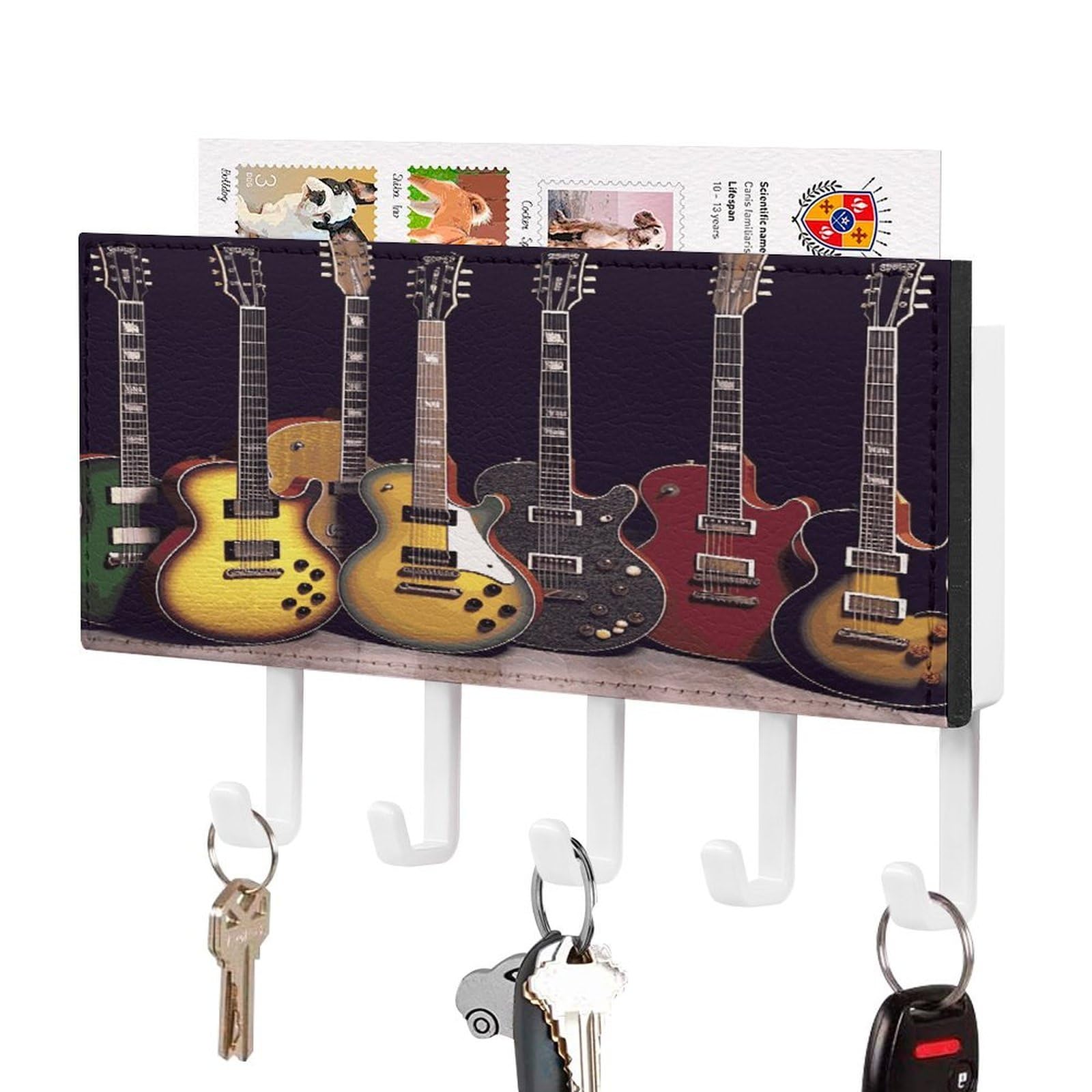 JTREHY Guitar Collection Key Holder Wall Mount Decorative Key and Mail Holder PU Leather Adhesive Key Organizer Hanging Key Hooks Wall Shelf with 5 Hooks for Entryway Hallway Office