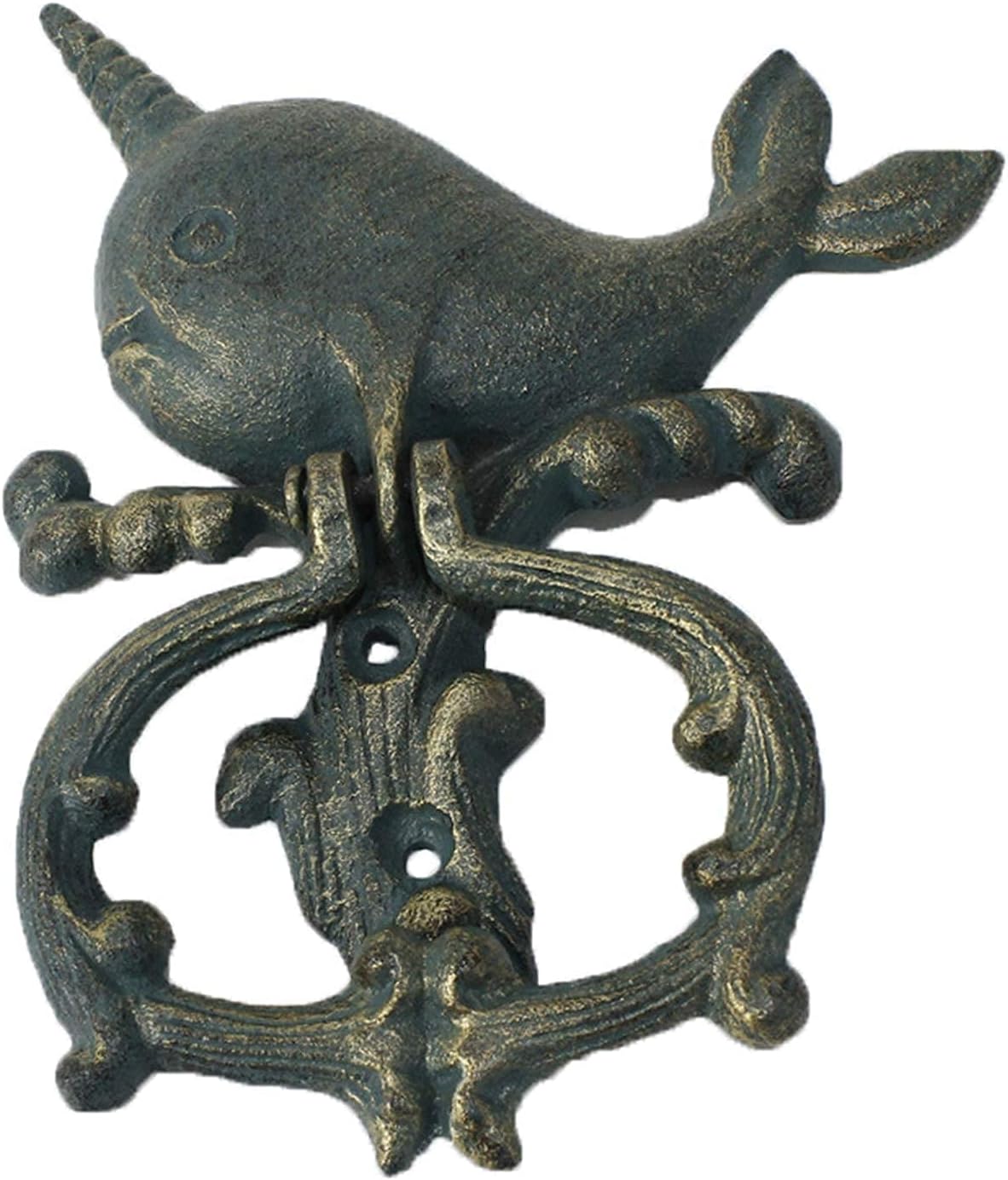 Lovely Whale Door Knocker Cast Iron Door Knockers Front Door Outdoor Garden Fence Large Cabin Bedroom Gate Handle Vintage Shackle (Green Coated) (Size: 12.8 × 16 2 cm) (12.8 × 16.2 cm)