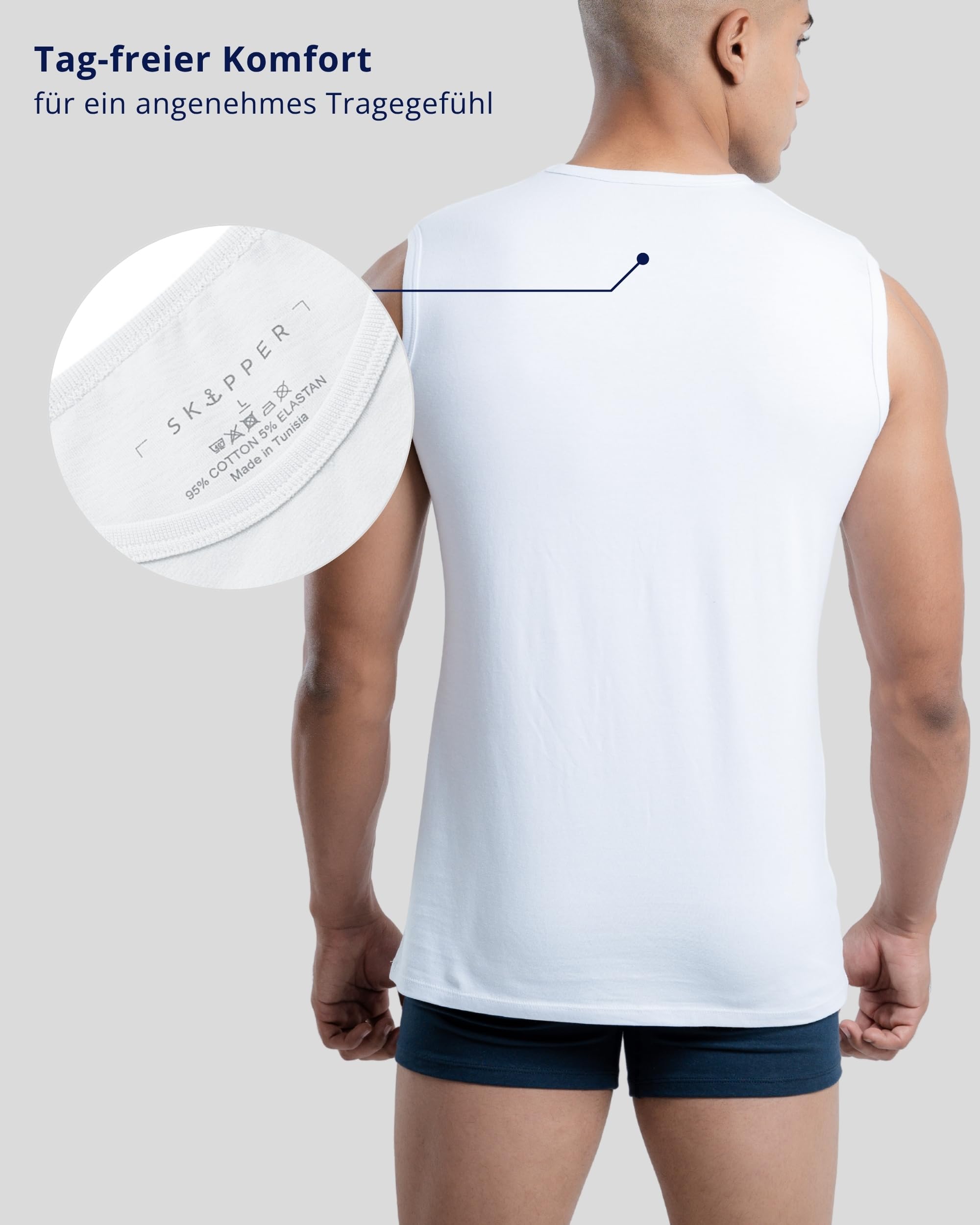 SKIPPER 3er Pack Herren Tank Top Ärmellose T-Shirts Weiß – Stretch Baumwolle, atmungsaktiv & formstabil – Slim Fit S-3XL