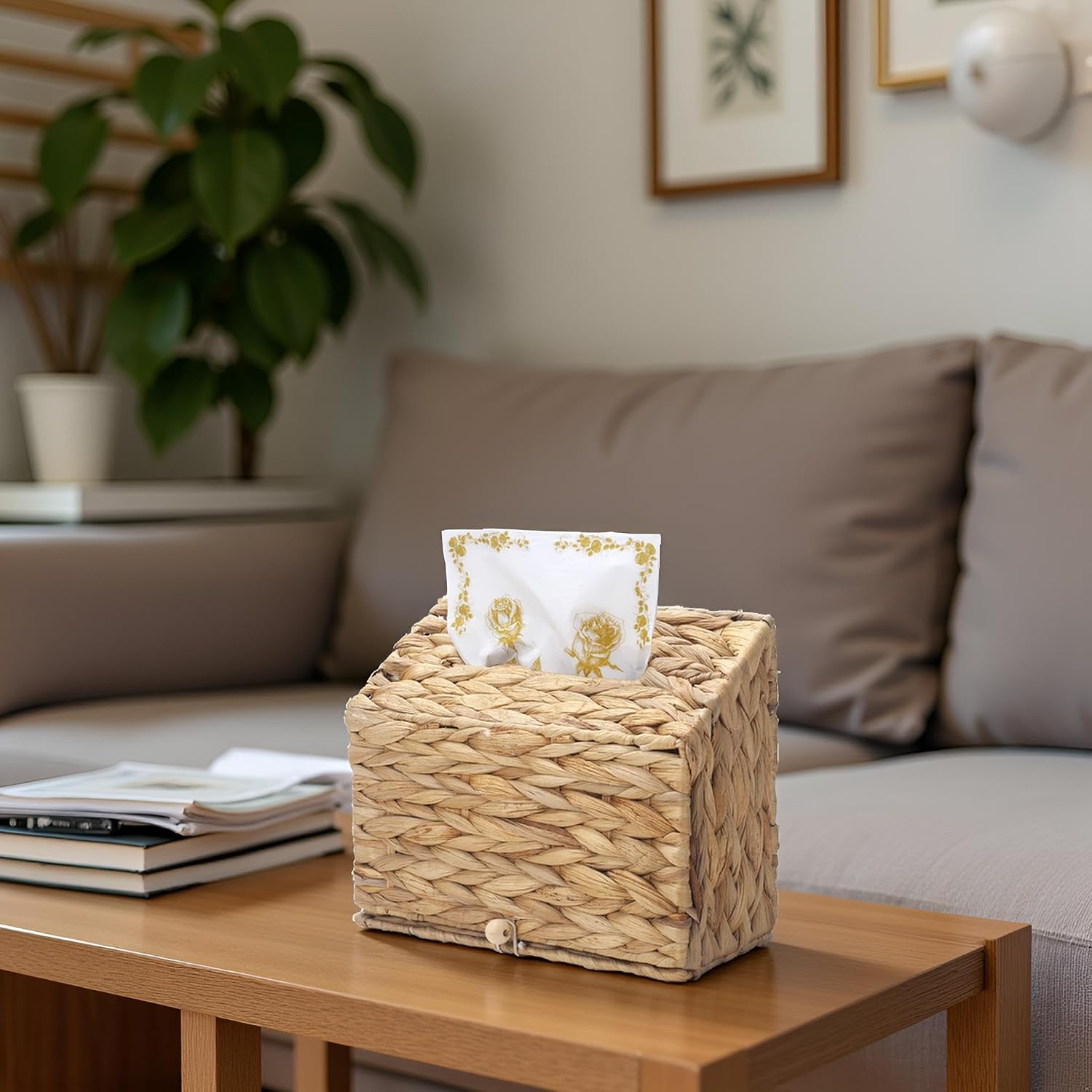 Water Hyacinth Hand Towel Box Cover Compatible with Kleenex Disposable Paper Hand Towels, Woven Wicker Hand Towel Holder for Bathroom Kitchen Living Room Countertop