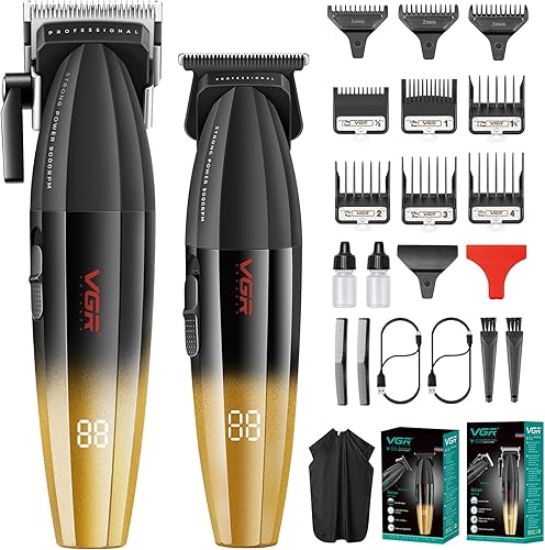 VGR Juego de cortapelos y recortadora profesional para hombres, cortadora de pelo y cortadora de cuchilla en T sin espacio cero, kit de corte de