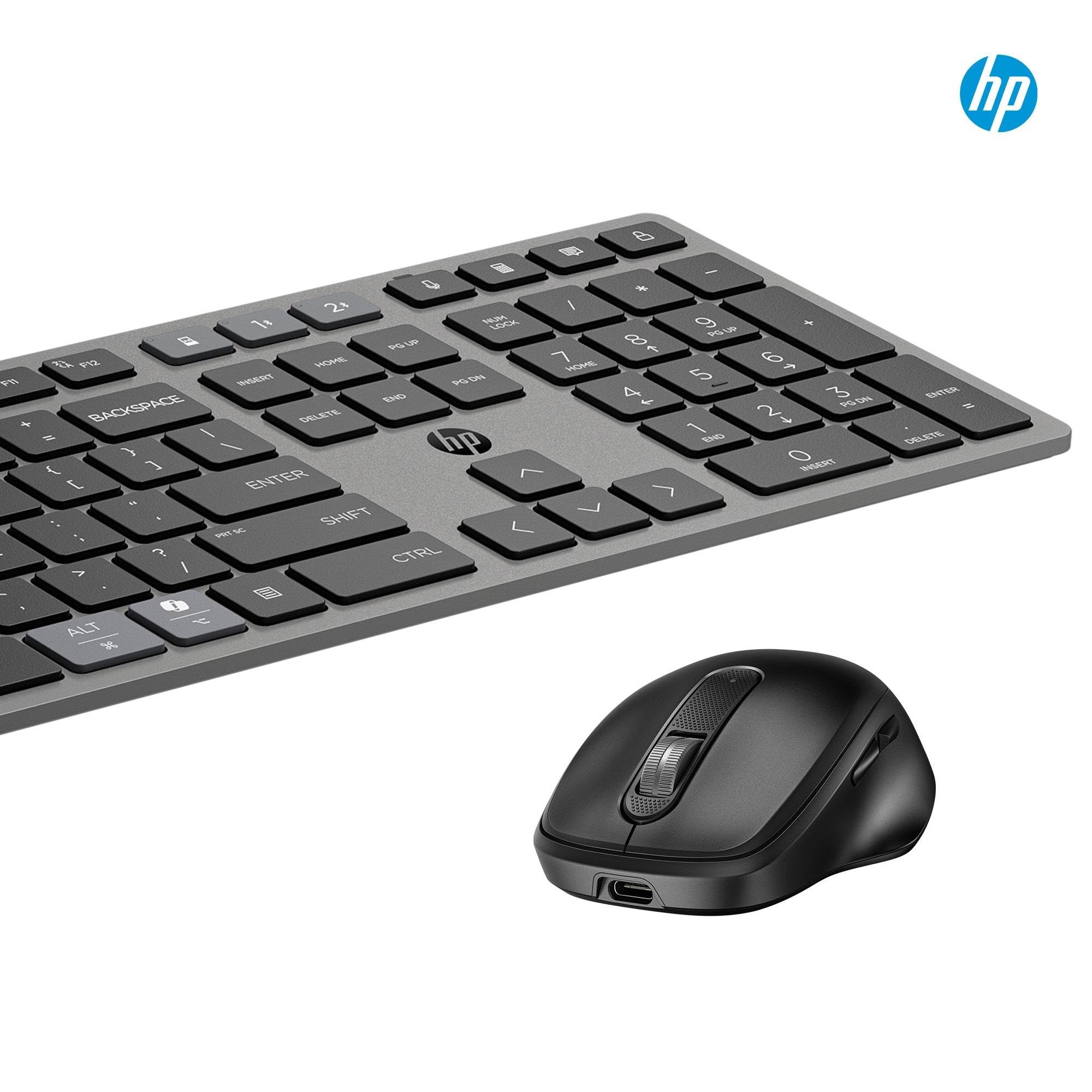 HP 720 Tastiera e Mouse Wireless Ricaricabili, Multi-Device, 22 Tasti Programmabili, Bluetooth, Dongle USB, Ricarica Ultra-Rapida, Certificato Copilot, Compatibile con Windows, macOS, ChromeOS, Grigio