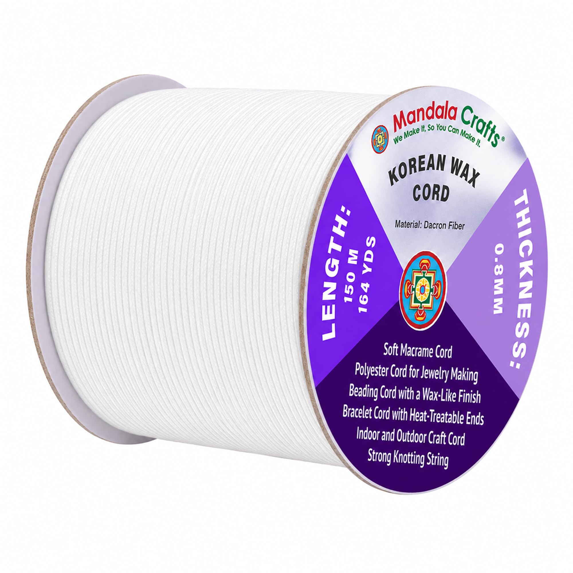 Mandala Crafts 0.8mm White Korean Wax Cord for Jewelry Making, 164 Yards