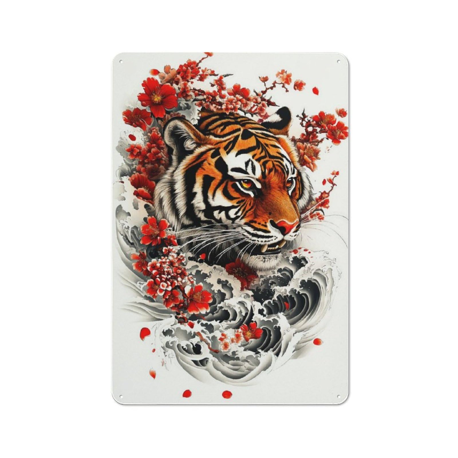 Junmoney Tiger With Cherry Blossoms Retro Decorative Tin Plaque 30X20cm Featuring Home Wall Decor For Bedroom, Kitchen, Office Or Living Room