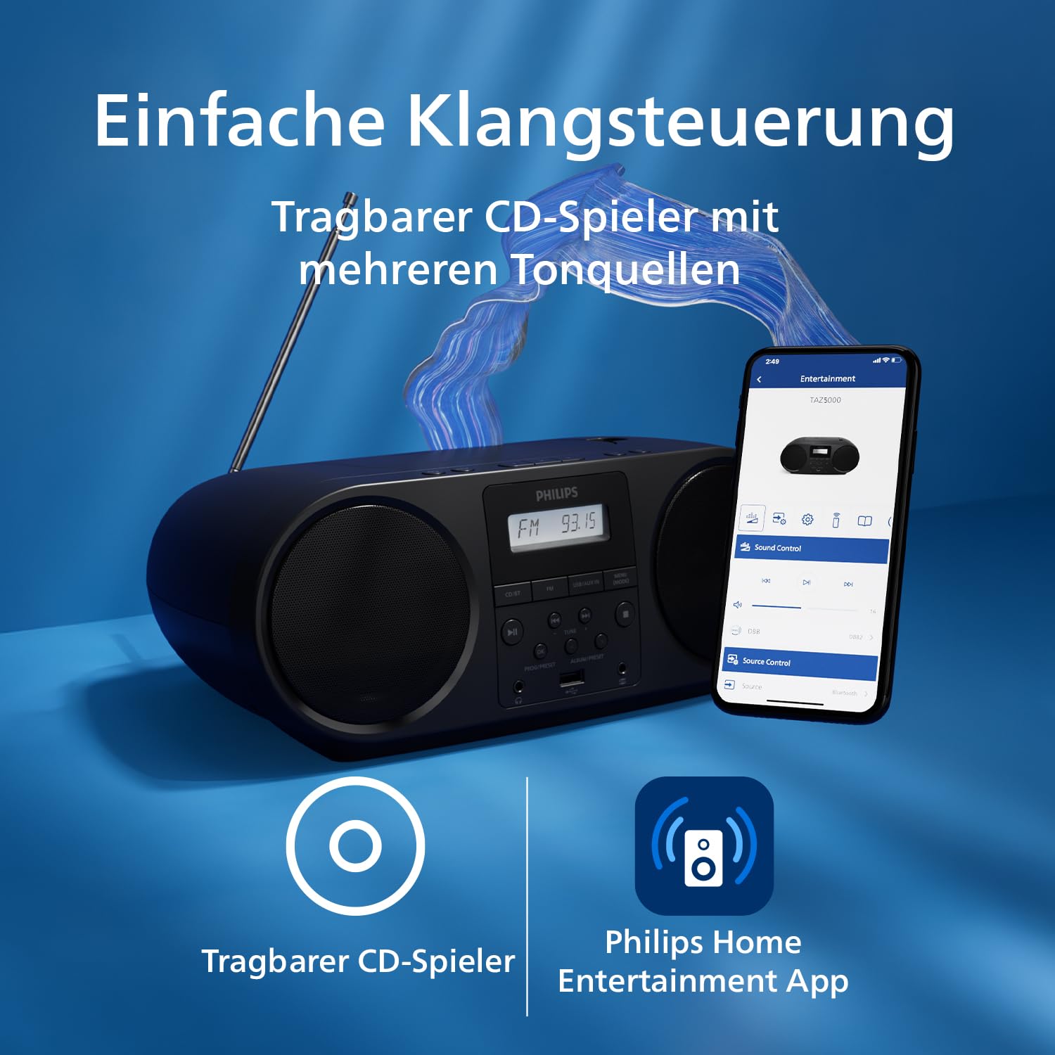 Philips TAZ5000 Multifunktions-CD-Spieler mit FM-Radio, Bluetooth 5.4, USB, Batterie/Netzstrom, Dynamic Bass, recycelte Materialien und 3,5 mm Kopfhörerbuchse