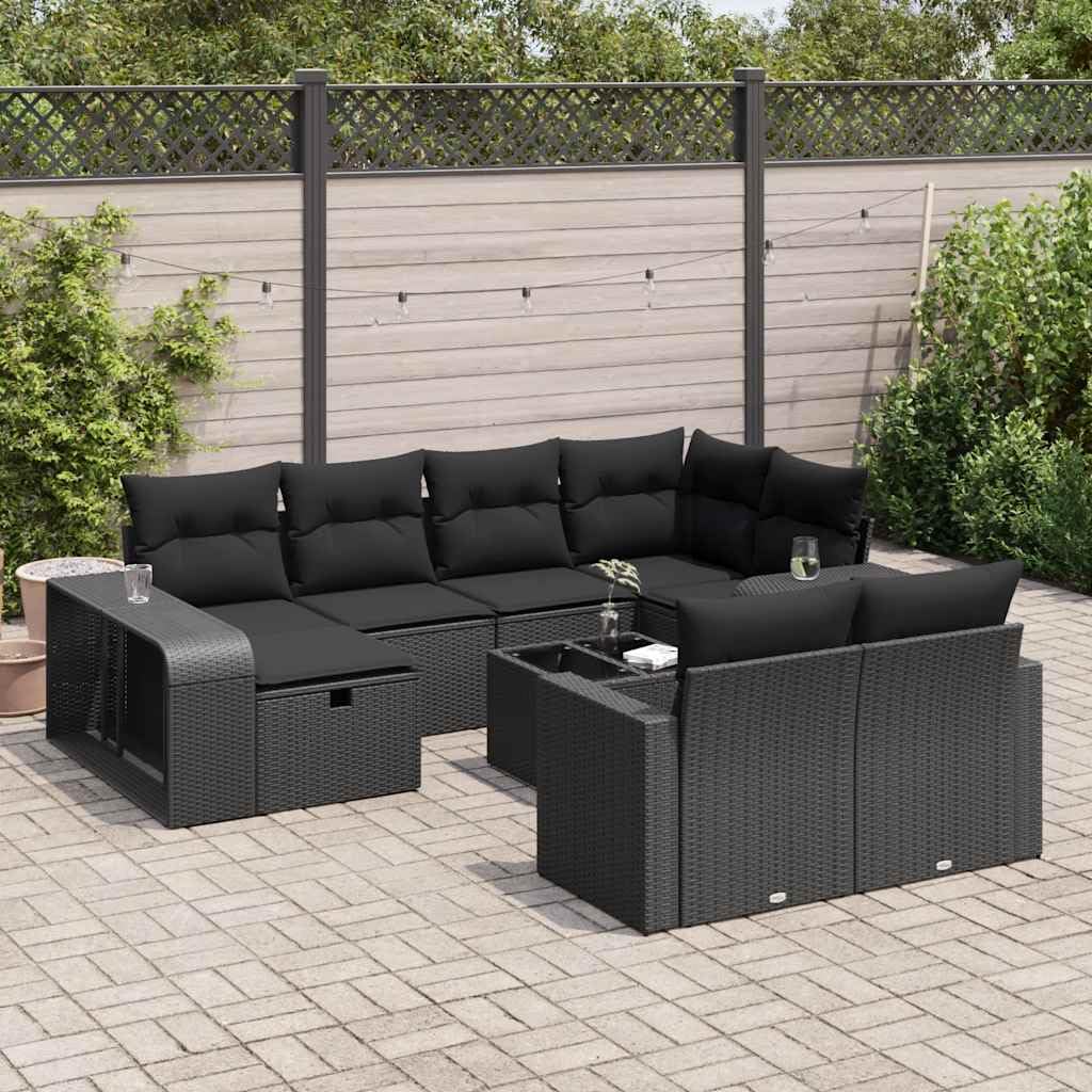 11-TLG Garten-Sofagarnitur Schwarz mit Kissen Poly Rattan, wetterfestes Lounge Möbel Set für Terrasse Balkon und Wintergarten, inklusive Tisch, Stuhl, Regal, Stauraum