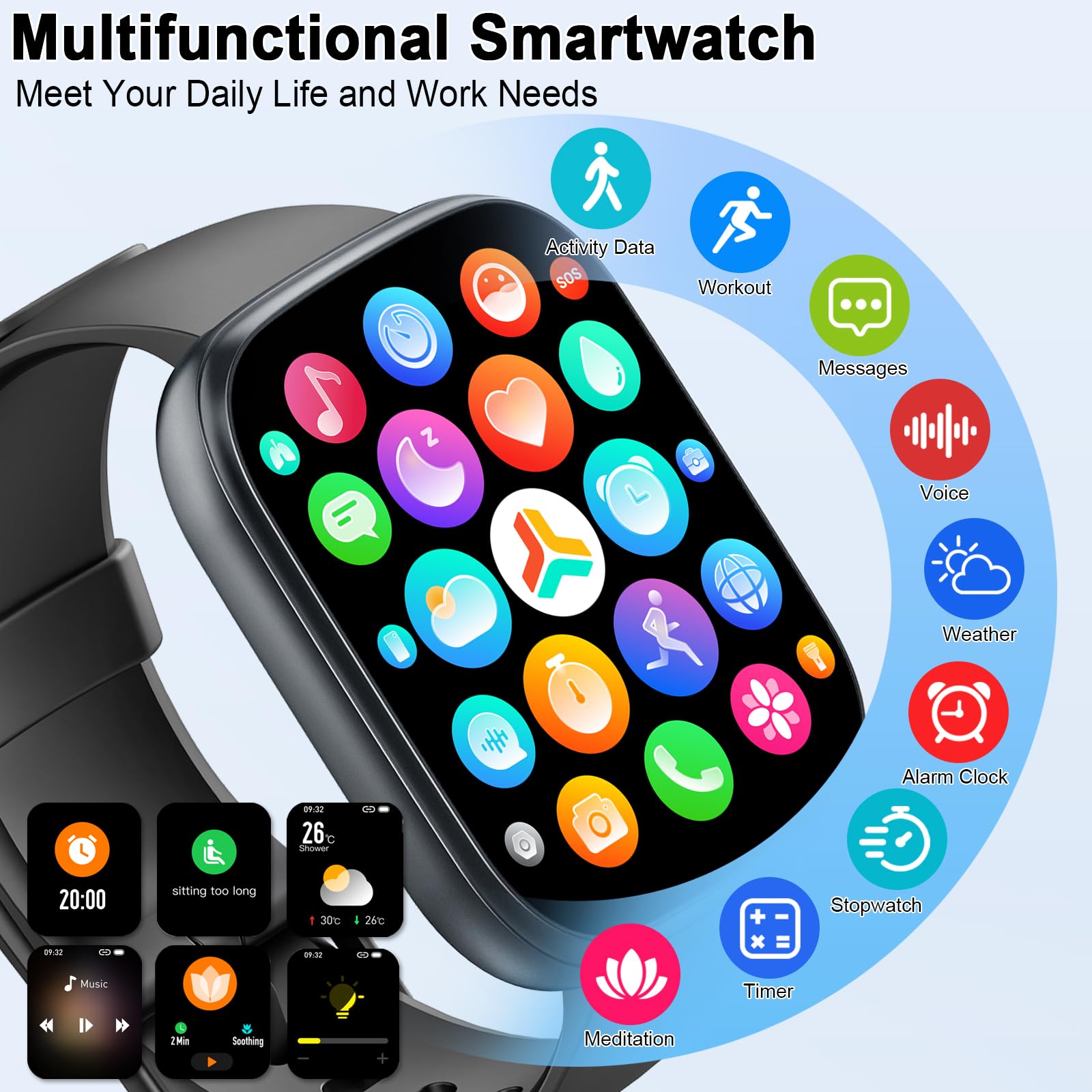 Poounur Smartwatch Uomo Donna con Effettua o Risposta Chiamate, 1.95" Orologio Smartwatch Contapassi/Cardiofrequenzimetro/Sonno, 110+ Modalità Sportivo Fitness Tracker, IP68 Smart Watch Android iOS