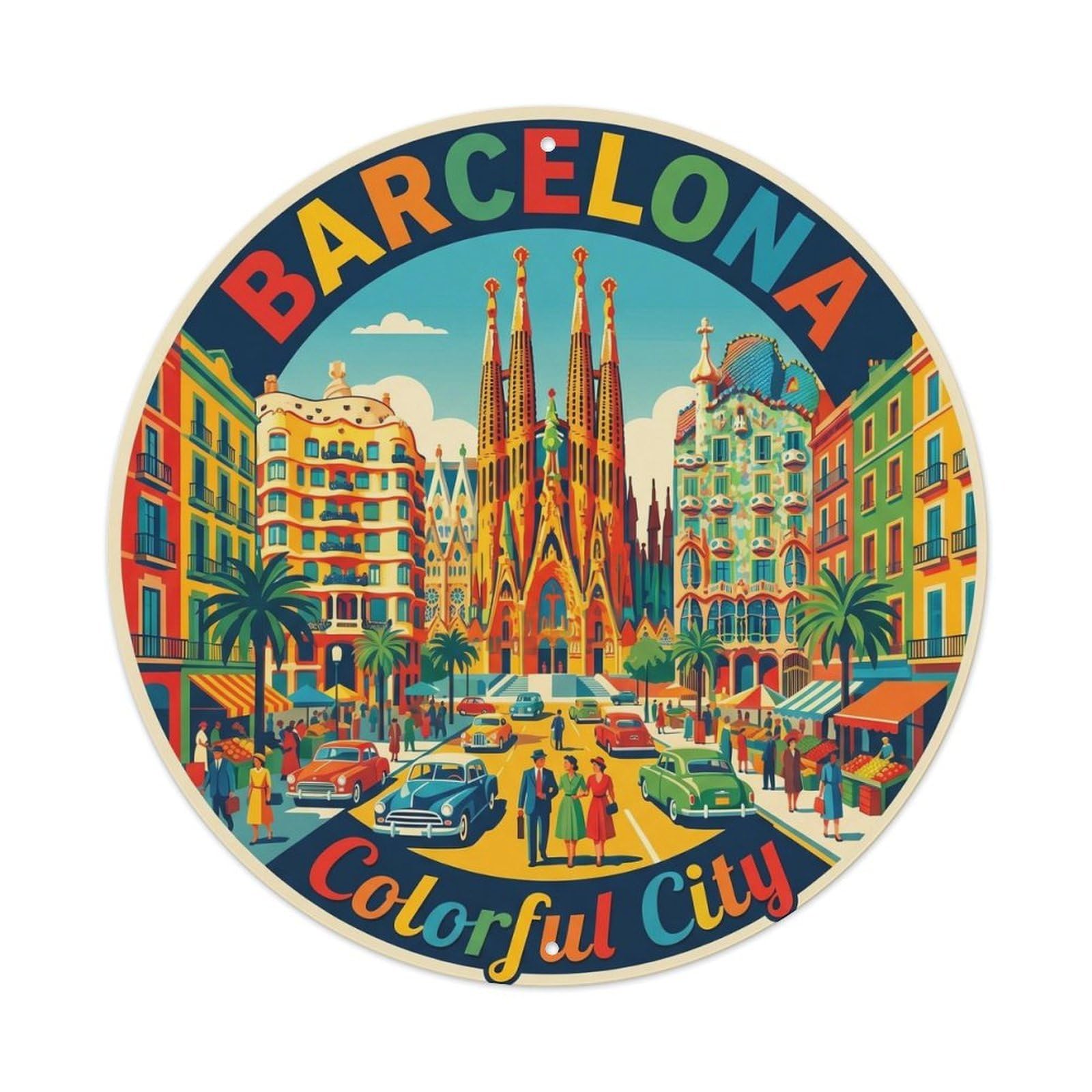 Vintage Travel Barcelona Colorful Catalan Wanderlust Metal Tin Sign Plaque Wall Decor for Cafe, Club, Garden Round Metal Poster 8x8Inch