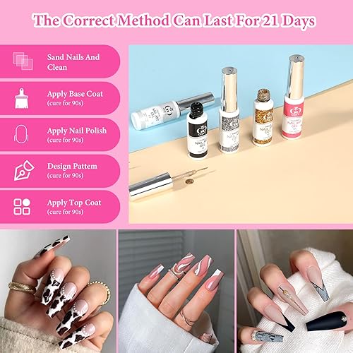 Miniatura 7 de Juego de esmaltes de uñas para arte de uñas, kit de arte de uñas para diseño de uñas, 6 colores, negro, blanco, rojo, purpurina, plateado, esmalte
