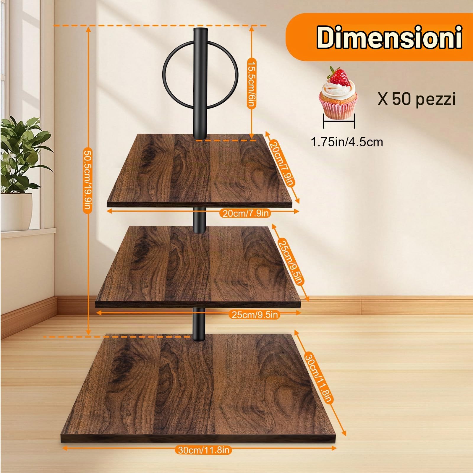 Alzata per Dolci in Legno, 3 Livelli Alzata per per 50 Cupcakes, Espositore per Buffet Torta per Matrimonio, Festa, Baby Shower, Compleanno, Quadrato Porta Brioches da Bar