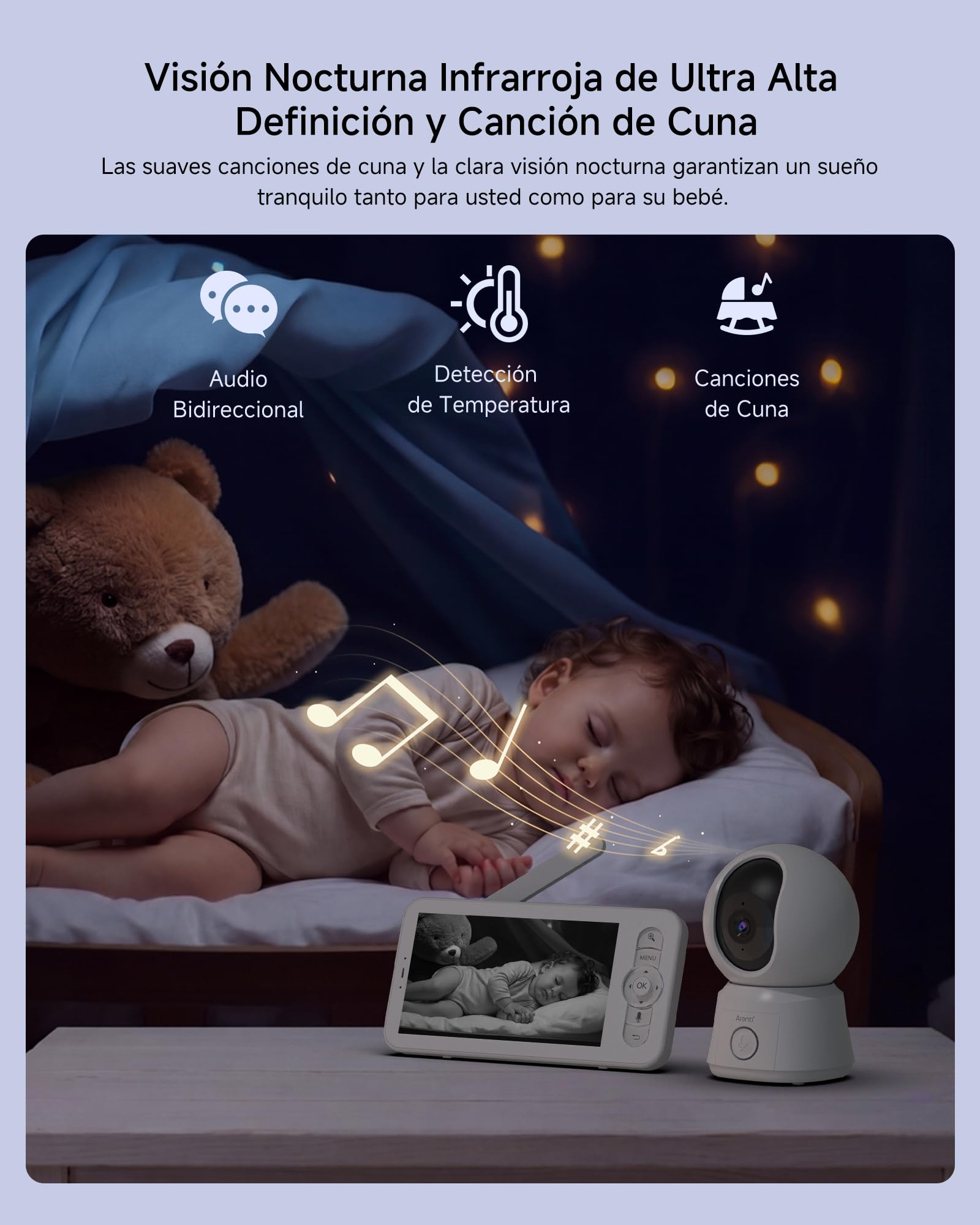 ARENTI Vigilabebes con 2 Camaras con Pantalla de 5'', 1080P Camara Vigilancia Bebe, Audio Bidireccional, Detección de Movimiento y Sonido, Visión Nocturna, Sensor Temperatura, Modo VOX, Alarma de Área