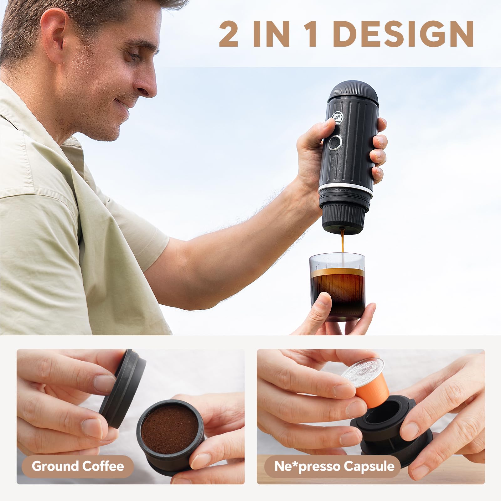 i Cafilas Rich Crema - Macchina da caffè espresso elettrica portatile, da viaggio, auto, escursionismo, sistema di estrazione 2 in 1, sistema di estrazione automatica veloce, supporto per caffè