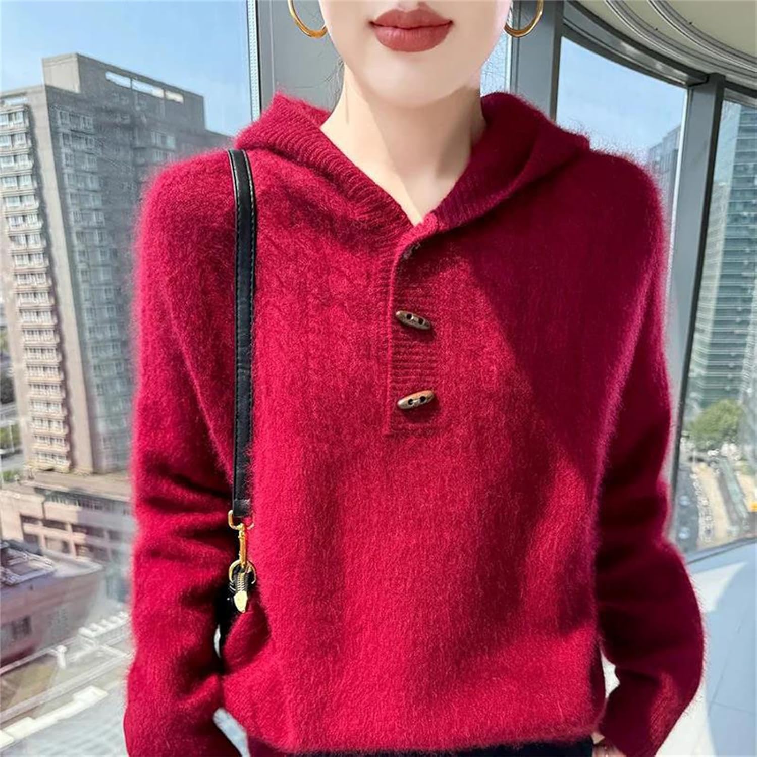 Women’s Solid Cashmere Blend Hooded Pullover Thick Twist Knit Sweater Soft Loose Long-Sleeve Warm Hoodie for Winter