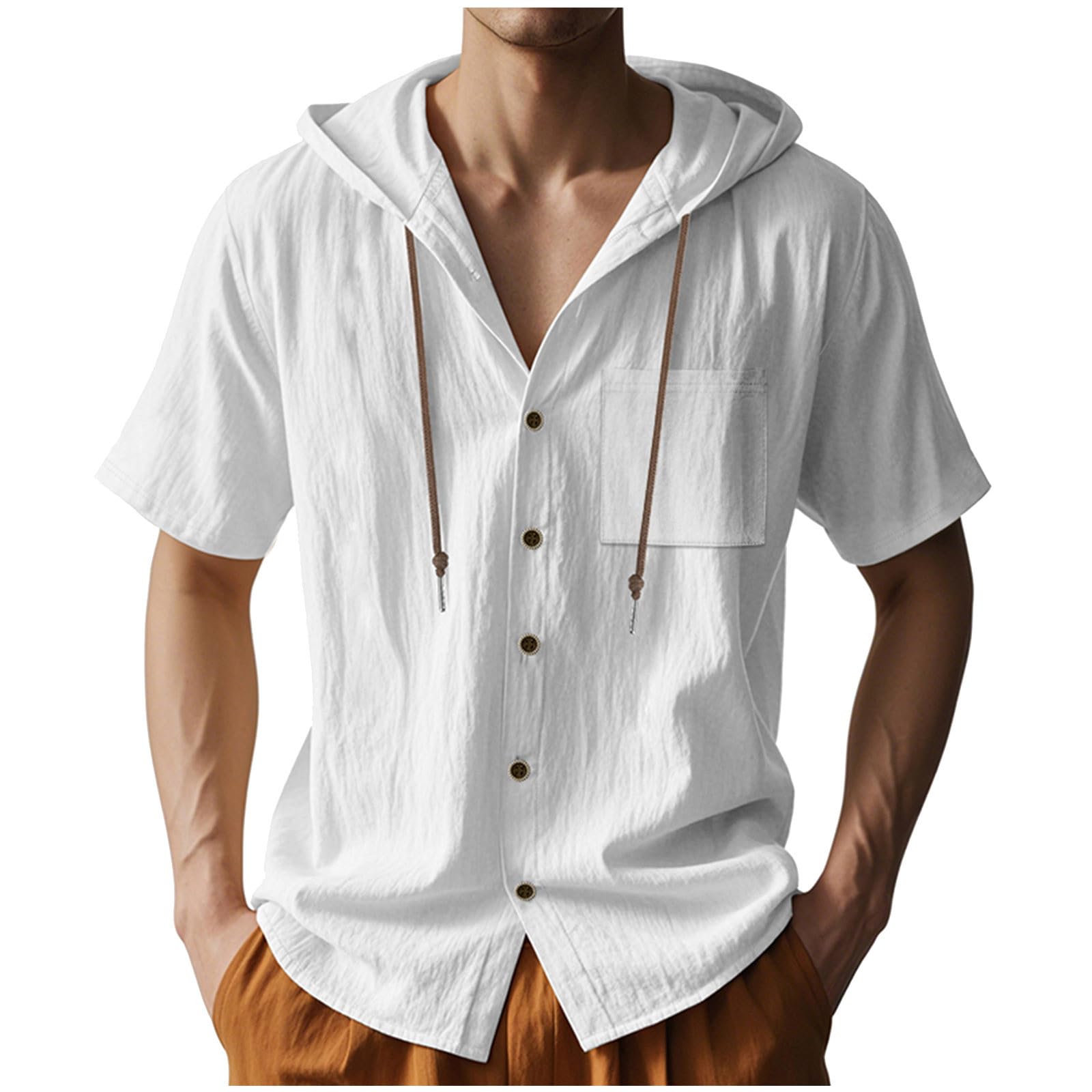 Linen Shirts for Men Drawstring Button Shirts Summer Workout Sport Gym Athlete Hoodies Beach Short Sleeve Shirts Top