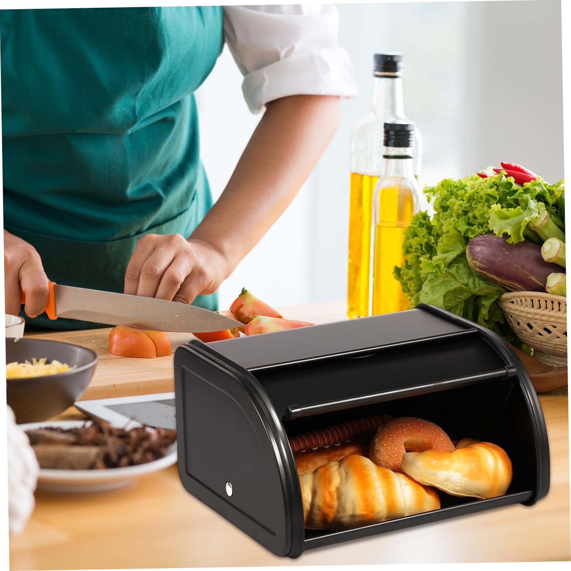 Metal Bread Bin, Galvanized Iron Retro Small Bread Box with Roll Up Front Lid & Leaf Pattern, Kitchen Food Storage Container for Kitchen Countertop