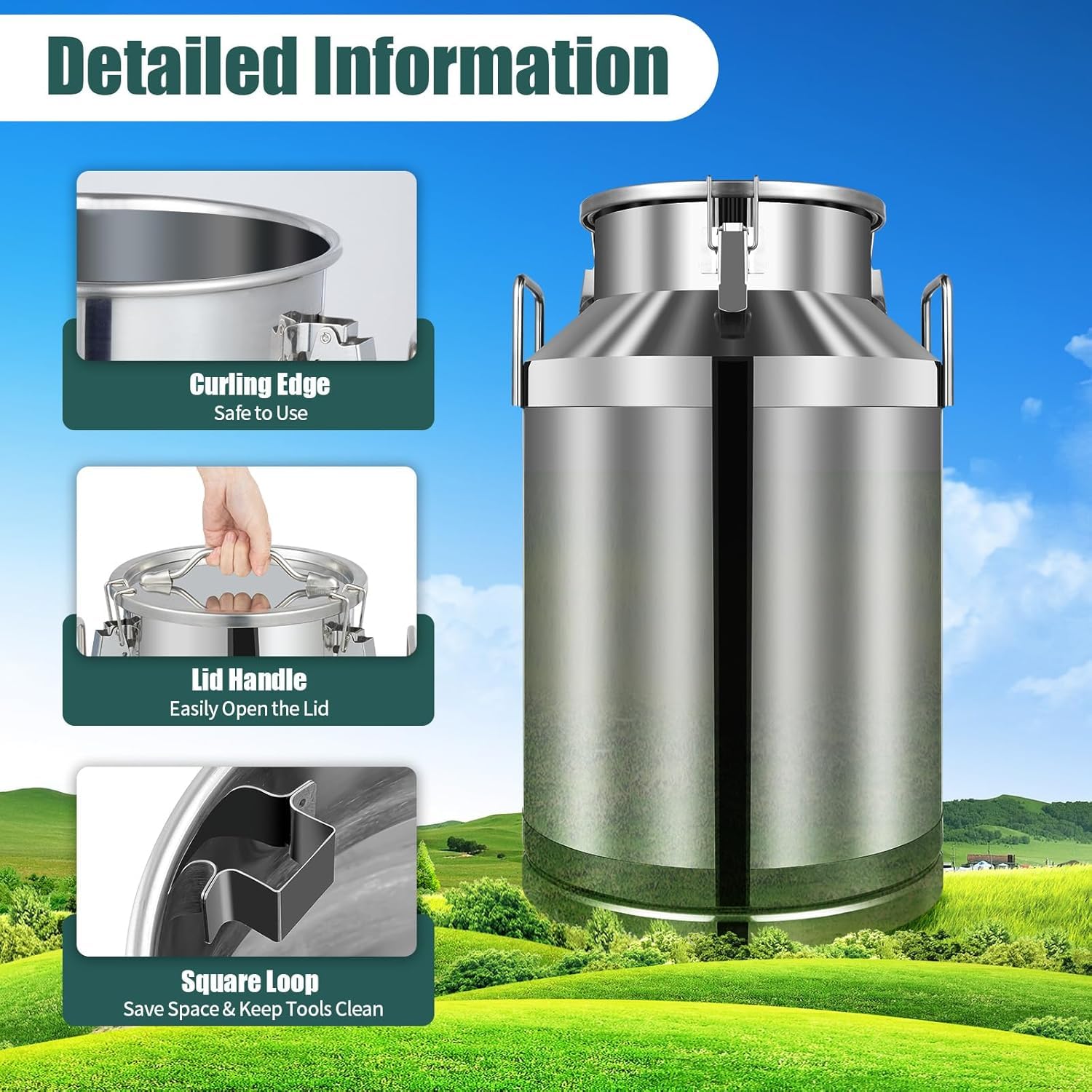Lata de leche de acero inoxidable con tapa, jarra duradera para transportar bebidas, contenedor de almacenamiento versátil de cocina