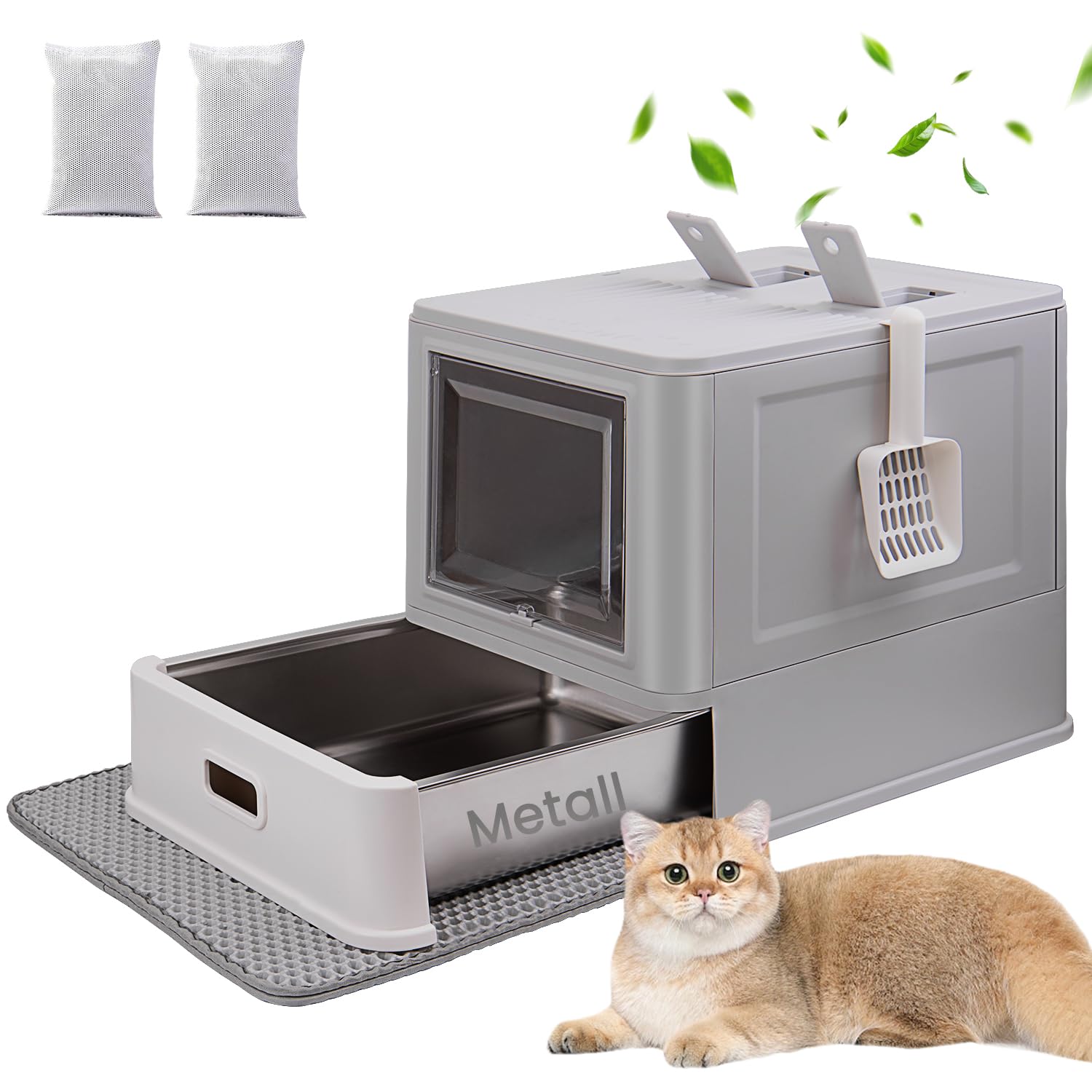 Lettiera chiusa per gatti con coperchio, sacchetto per la neutralizzazione degli odori, grande dimensione, vassoio estraibile in acciaio inox con tappetino per lettiera per gatti fino a 15 kg