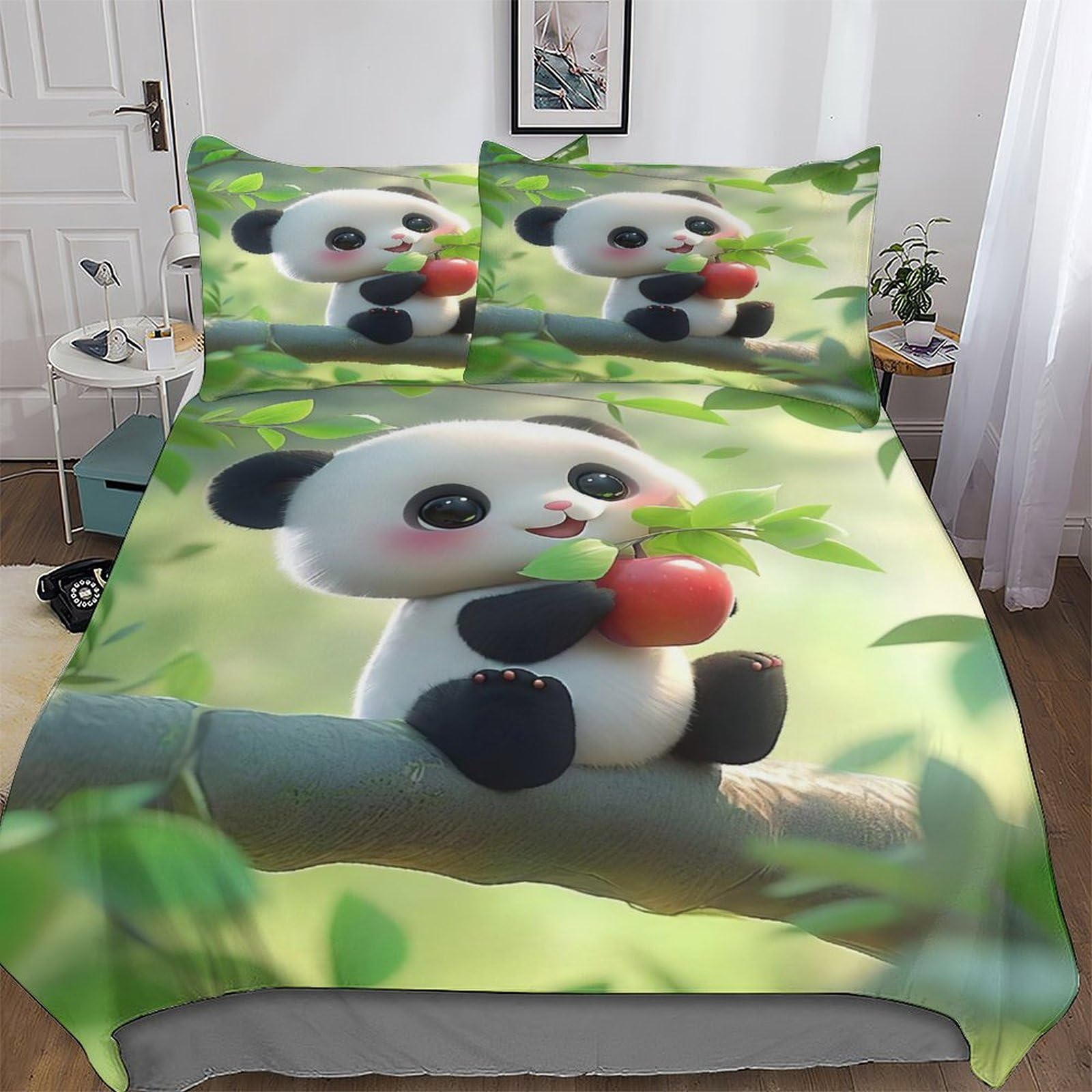 Housse de couette panda 220x240 grand lit linge de lit enfant adulte 3 pièces microfibre douce