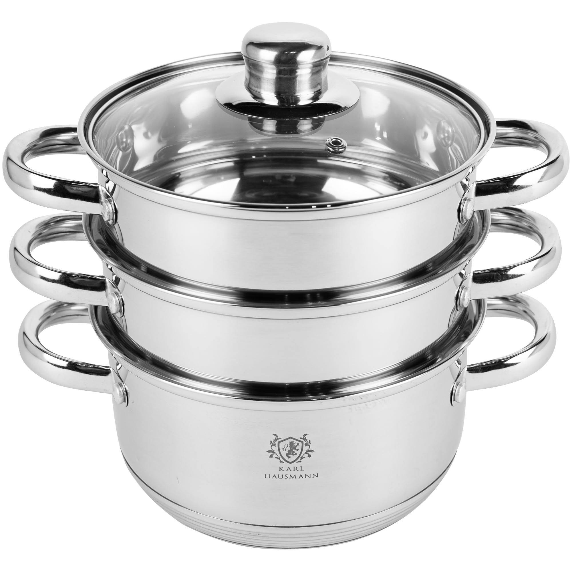 KARL HAUSMANN Cuiseur Vapeur 2,4L 18 cm - Cuit Vapeur Inox Pour Induction, Marmite Vapeur 3 Niveaux Avec Couvercle En Verre, Cuisson Vapeur Pour Légumes, Poisson, Raviolis Et Pommes De Terre
