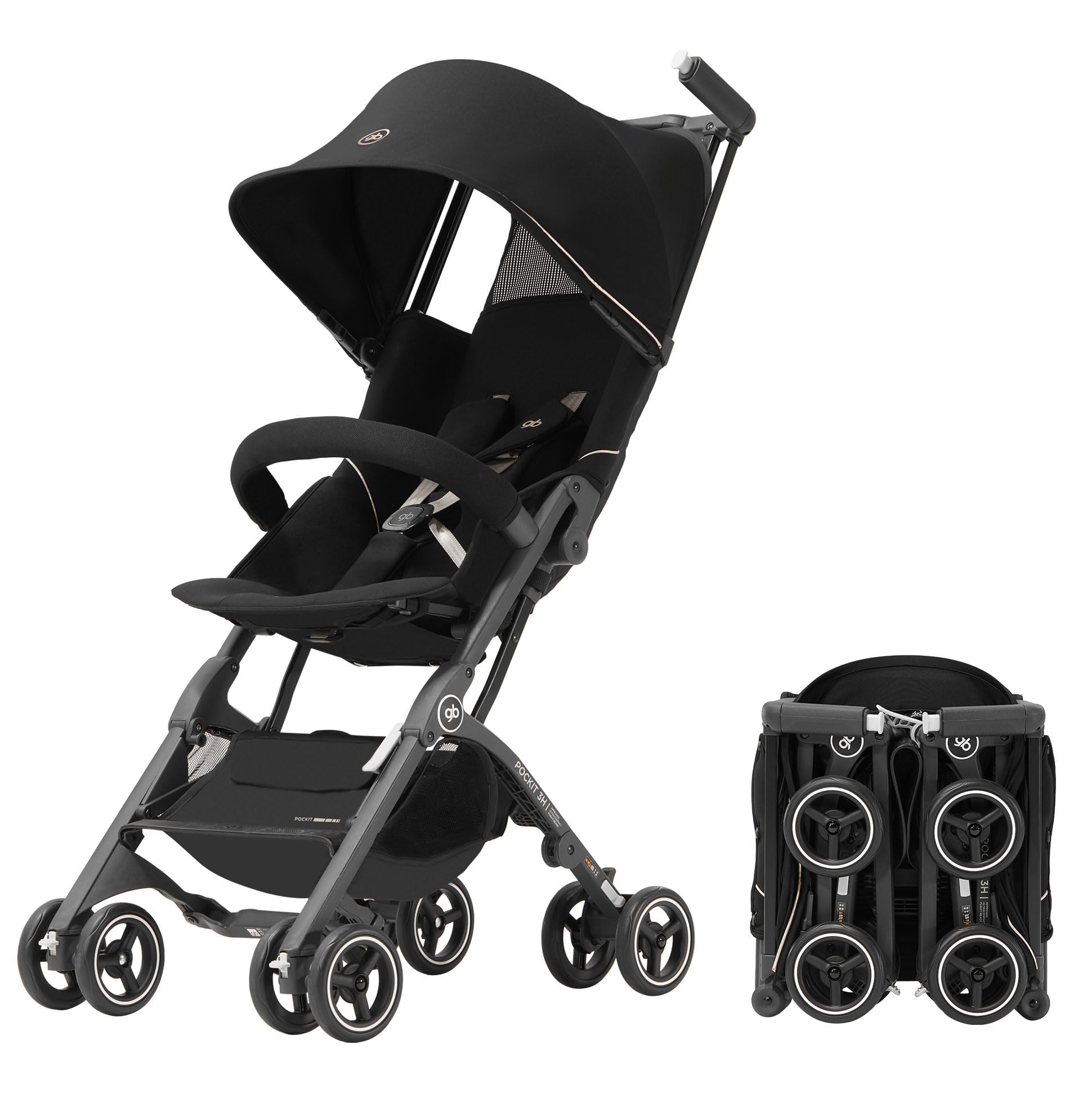 gb Pockit+ - Cochecito de bebé ligero POCKIT 3H todo terreno, 6-36 meses, plegado en un segundo, marco de aleación aeroespacial, asiento ajustable, compacto y fácil de viajar, 5.9 kg, negro y dorado