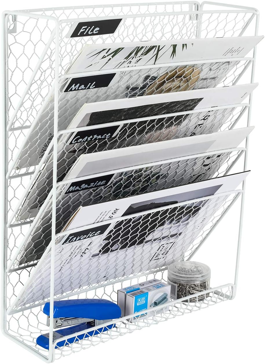 Superbpag Hanging File Organizer Metal 6 Tier Chicken Wire Wall Mount Document File Holder (White) : Office Products