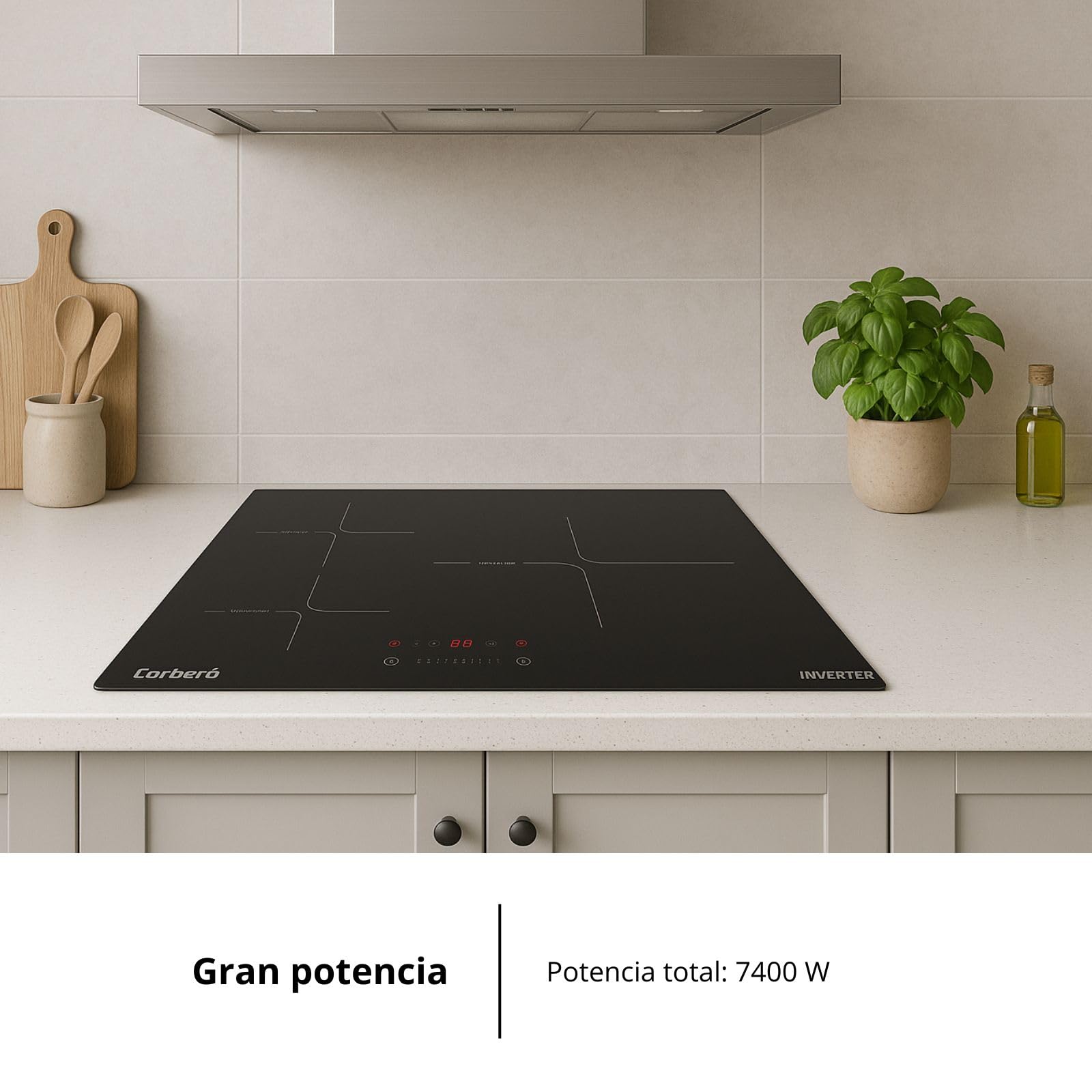 Corberó - płyta indukcyjna | CCIM374 | 7400 W | 3 strefy gotowania | bardzo duża powierzchnia 29 cm | sterowanie dotykowe | funkcja wzmacniacza | biały
