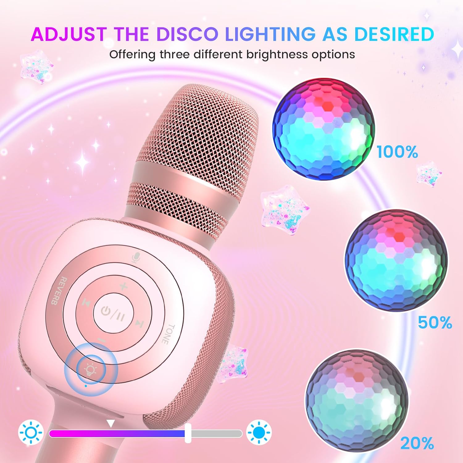 Star10 Karaoke Microphone showing different disco light brightness levels