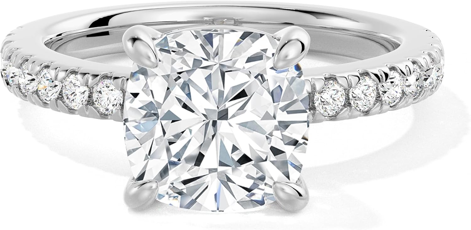 MSBLUE® Moissanite Engagement Ring, 2.0-3.0 CT Cushion Cut with Pavé Band, Mothers Day Gifts