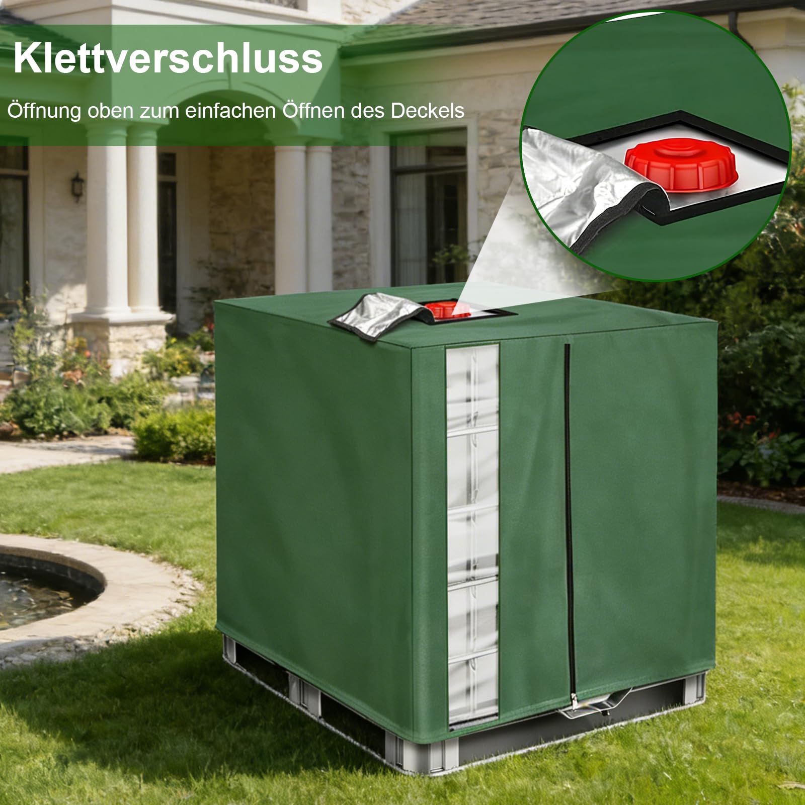 IBC Pokrowiec na zbiornik na wodę 420D Oxford, plandeka ochronna na zbiornik 1000L, osłona na zbiornik IBC UV, osłona na zbiornik na wodę deszczową z oknem, 120 x 110 x 116 cm - zielony