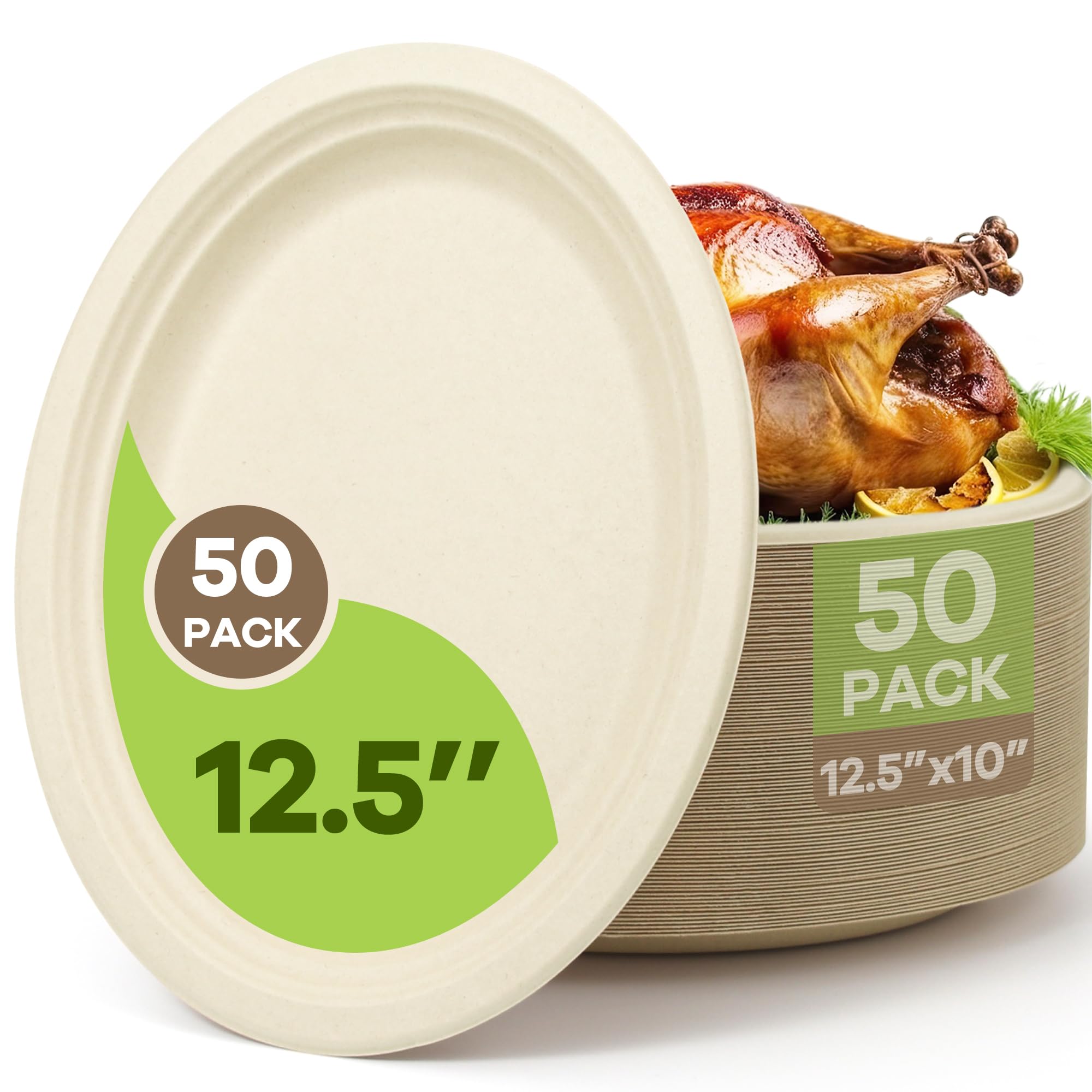 Piatti di carta ovali compostabili al 100%, 32,5 cm, confezione da 50 piatti usa e getta in bagassa, ecologici, biodegradabili, per barbecue, feste, picnic, colore marrone naturale