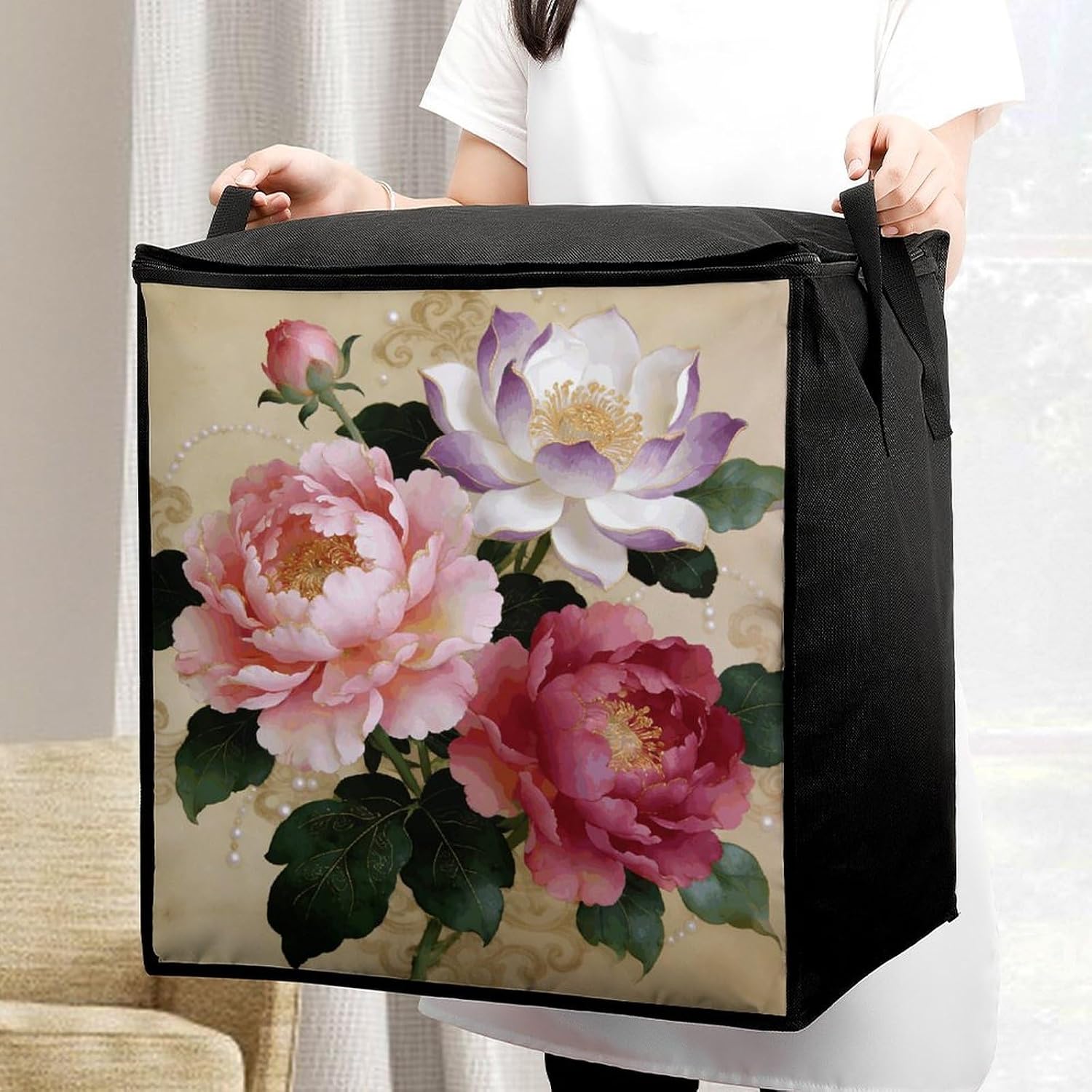 Unique Flower Pattern Storage Bag with Zippers And Handle Extra Large Bedding Comforter Storage Bag Foldable Blanket Storage Bags Fabric Moving Bags for Closet Organizer (70L)