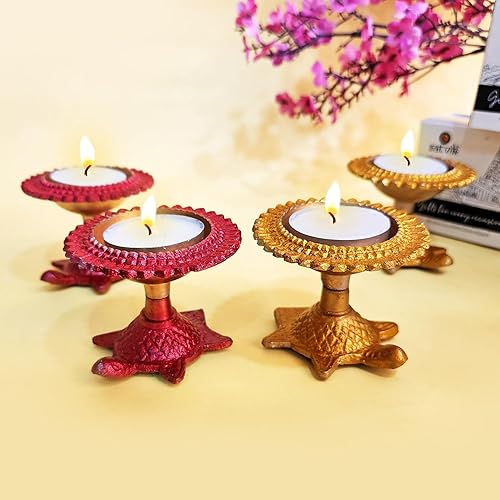 SATVIK - Juego de 4 piezas de mesa de metal multicolor con forma de tortuga Diya, dia Laxmi, portavelas de té, decoración tradicional india,