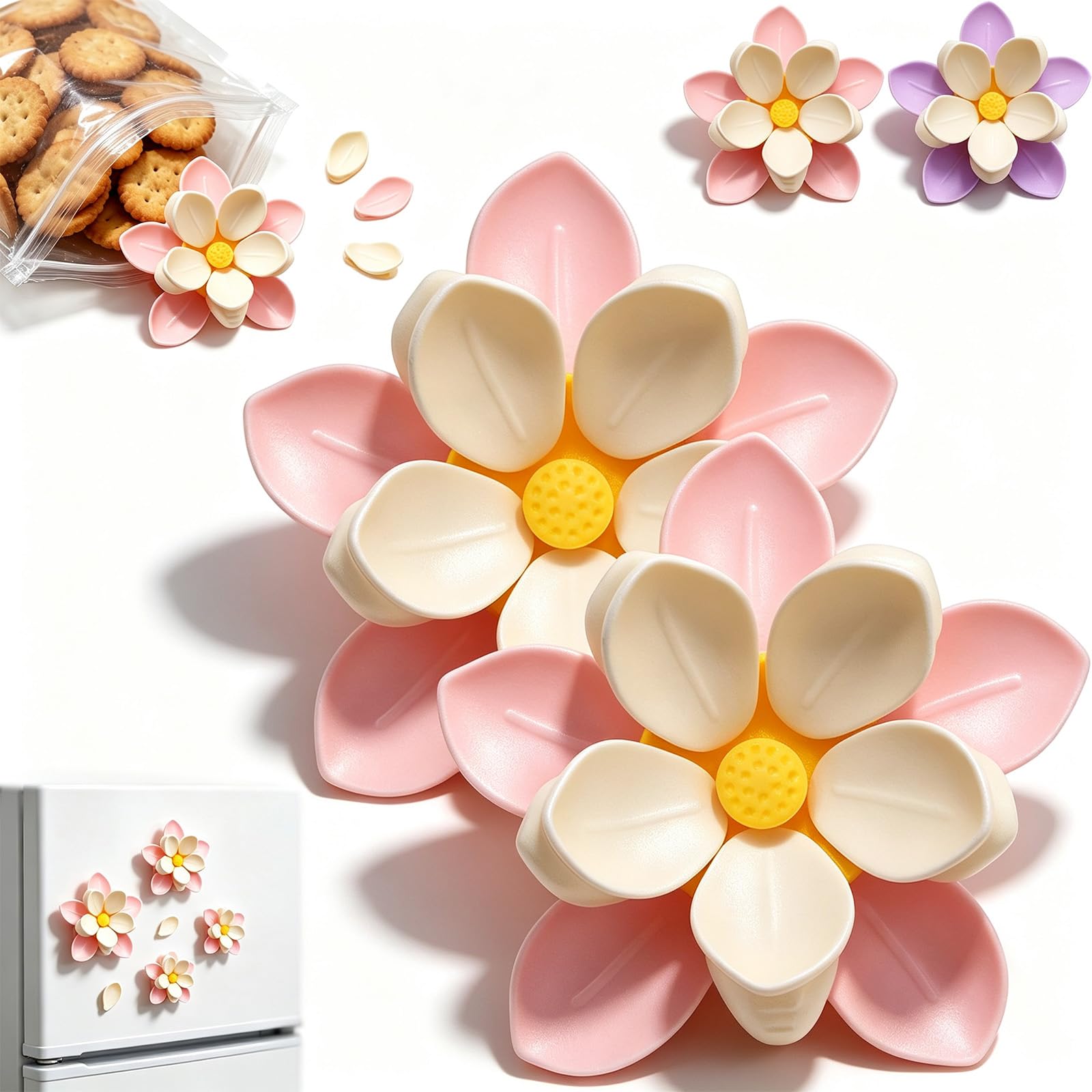 Fridge Magnets Food Bag Clips, Cute Lotus Flower Fridge Magnet Chip Clips, Magnetic Bag Clips, Lotus Petal Food Sealing Clips, for Snack Bags Kitchen Office and Home Decor，2Pcs-Pink