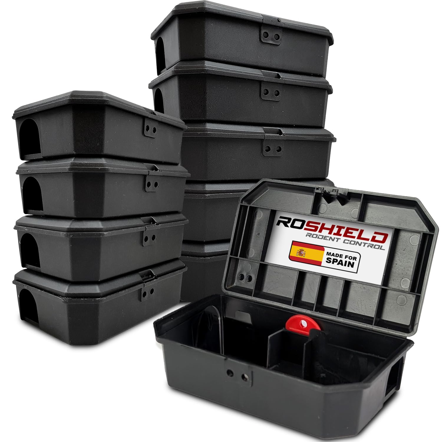 Roshield 10 latas Negras de Cebo para Ratones con precinto de Seguridad - Mantiene el Veneno para Ratones a Salvo de niños y Mascotas (vacías - no contienen Cebo para roedores)