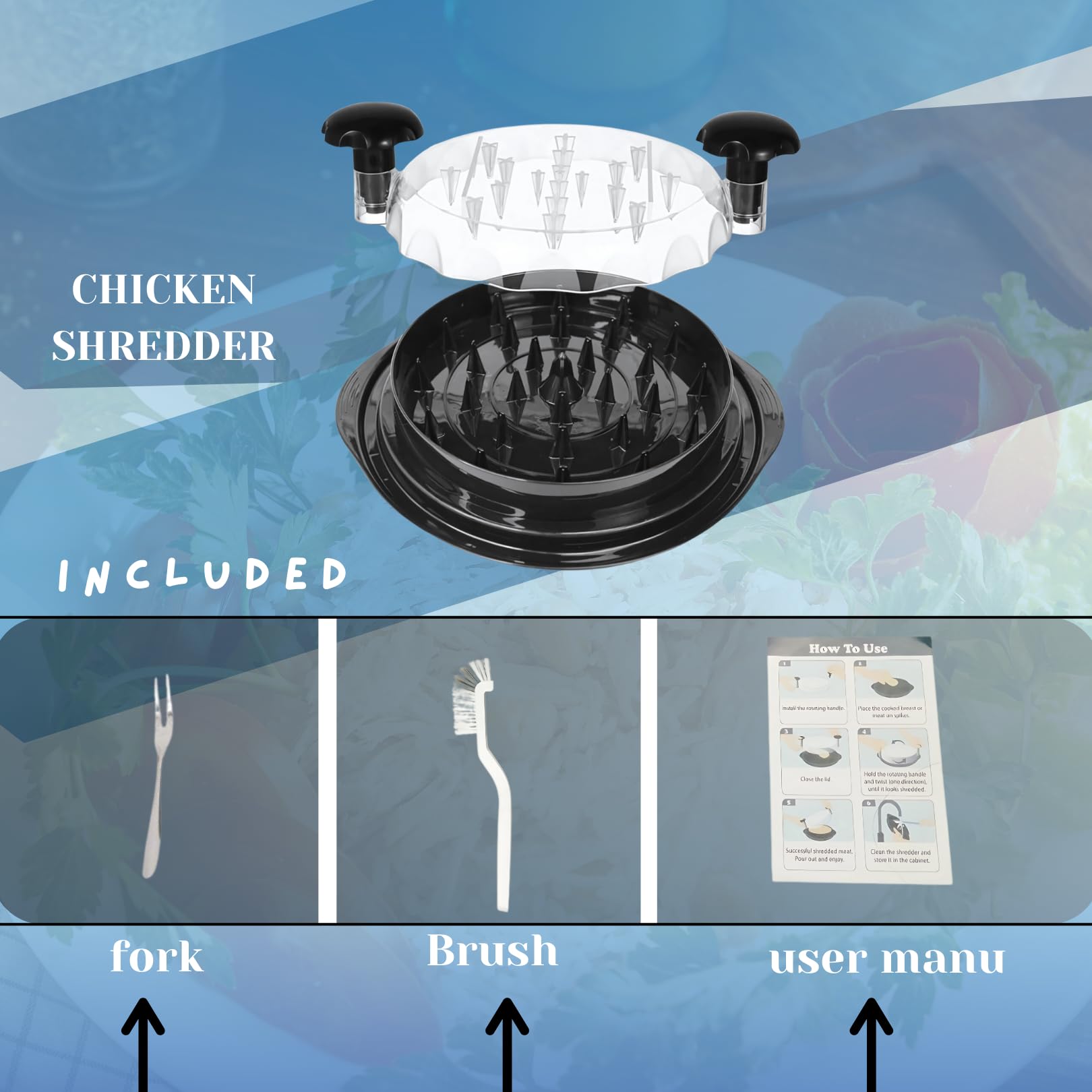 Chicken Shredder tools With Fork and Brush, Meat Shredder Tool Twist, Transparent Lid 10.8, Meat Grinder Anti-Slip Strip, Ergonomic Handle, Heat Resistant, Dishwasher Safe
