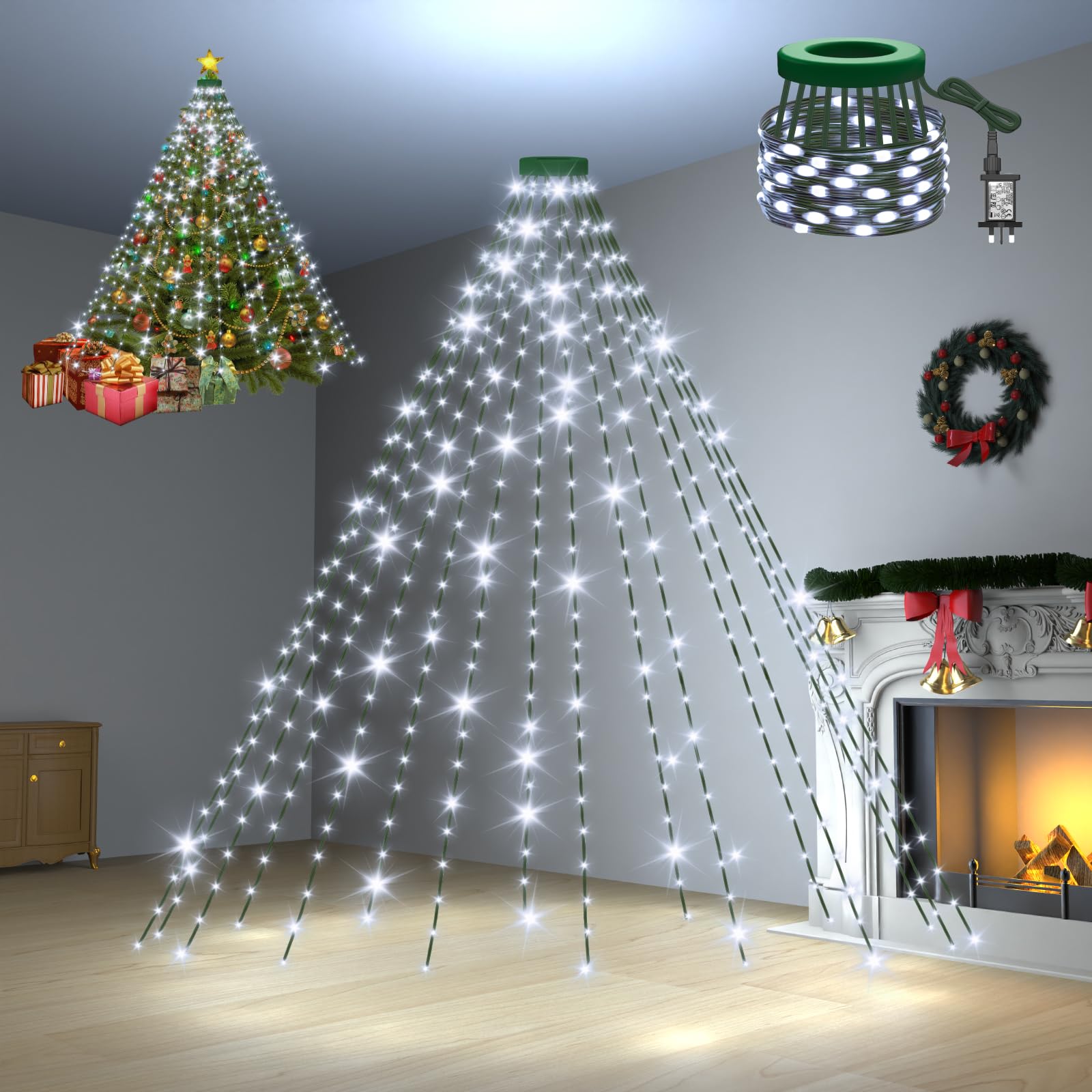 Dalugo Christmas Tree Lights Cool White, 480 LED 2.4m × 16 Strands Outdoor Christmas Lights Mains Powered with 6h Timer, Memory Function, 8 Modes, IP44 Waterproof Xmas Decorations for Tree 5ft-9ft