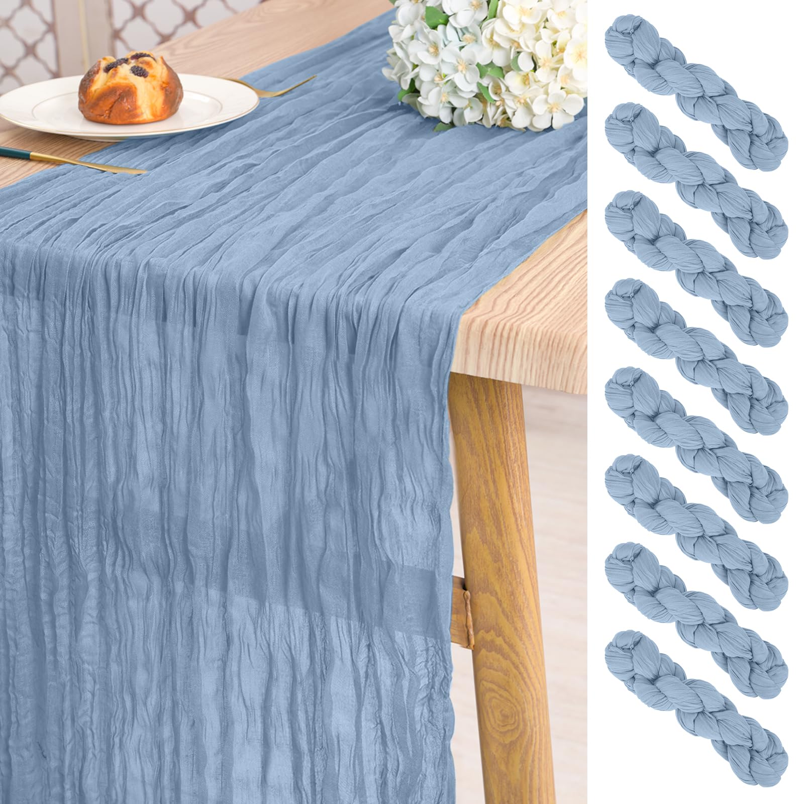 8 Stück Staubblau Käsetuch Tischläufer, 3 m lang, rustikale Gaze Boho-Stil Hochzeits Seihtuch Tischläufer, 55 x 300 cm, für Hochzeit, Brautparty, Party, Bankett