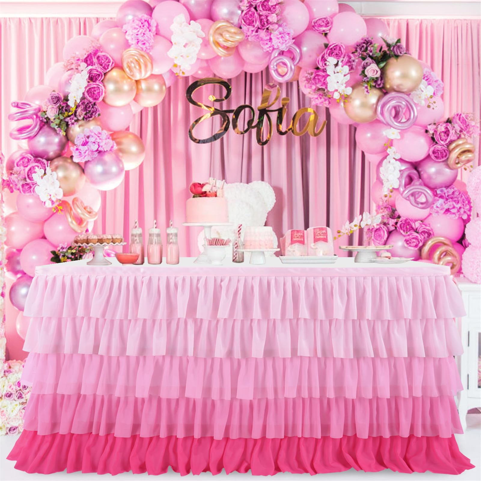 Spódnica stołowa, spódniczka tutu na prostokątne okrągłe stoły, szyfonowy obrus, baby shower, przyjęcie urodzinowe, dom, gradientowy tort, deser, dekoracja stołu (różowy, 427 x 77 cm)