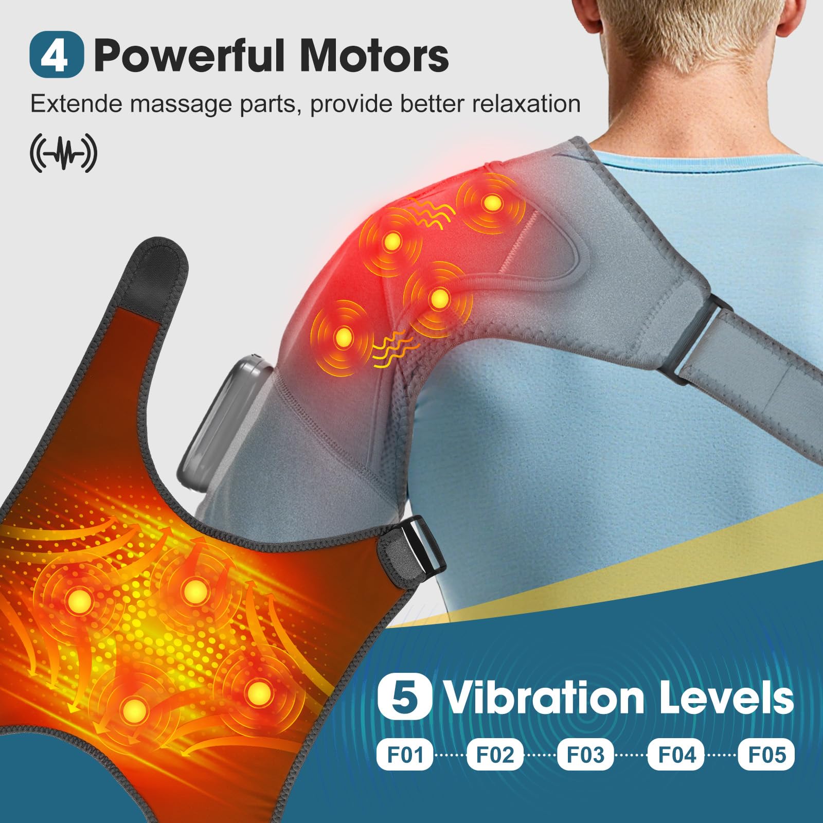 Kabellose Beheizte Schultermassageauflage, Tragbare Schulter-Heizbandage Mit Touchscreen-Steuerung, 5 Heizstufen, 5 Vibrationsmodi, Timer, 5000mAh Batterie Und 4 Motoren, Auf Linke/Rechte Schulter